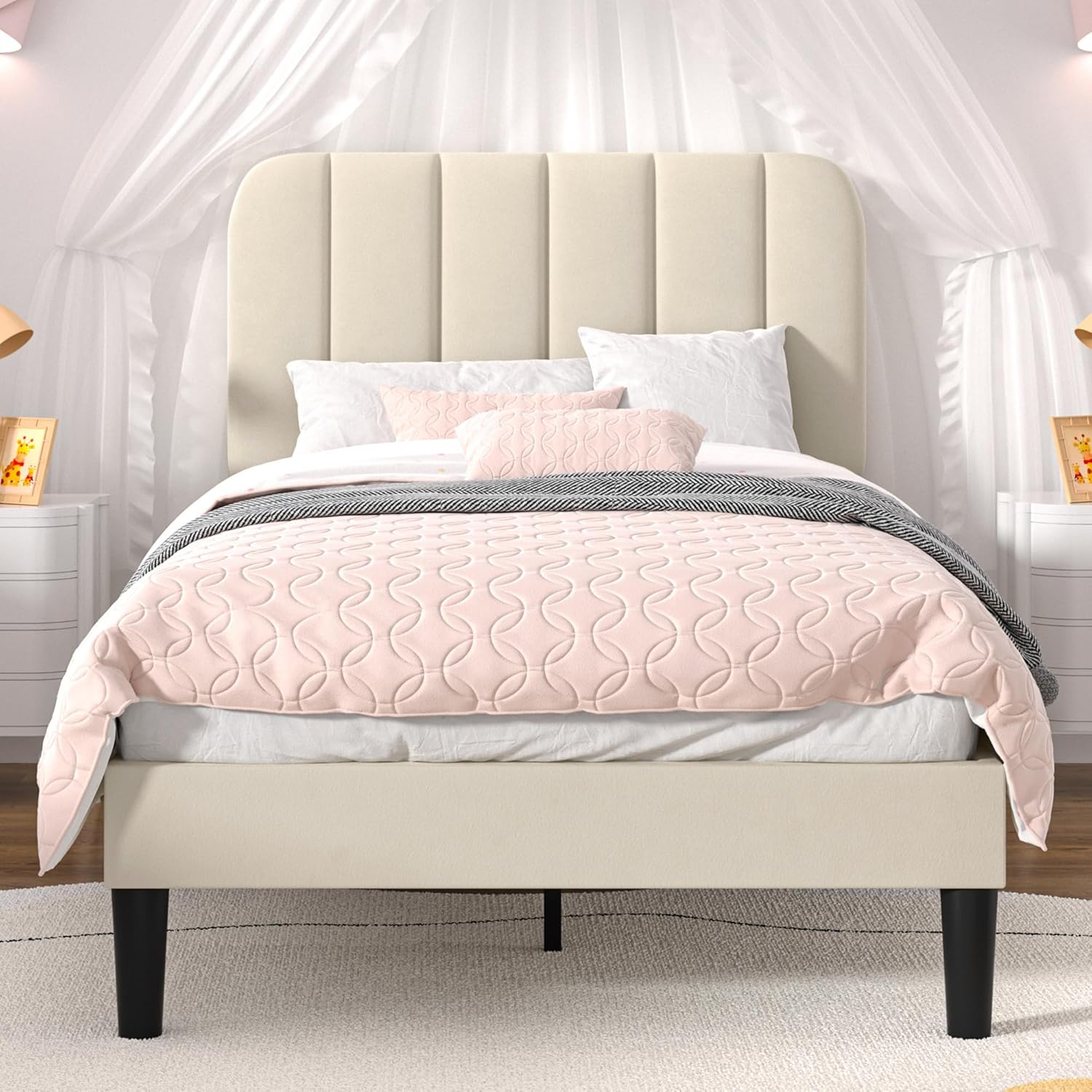 VECELO Upholstered Platform bedframe with Adjustable Headboard - VECELO
