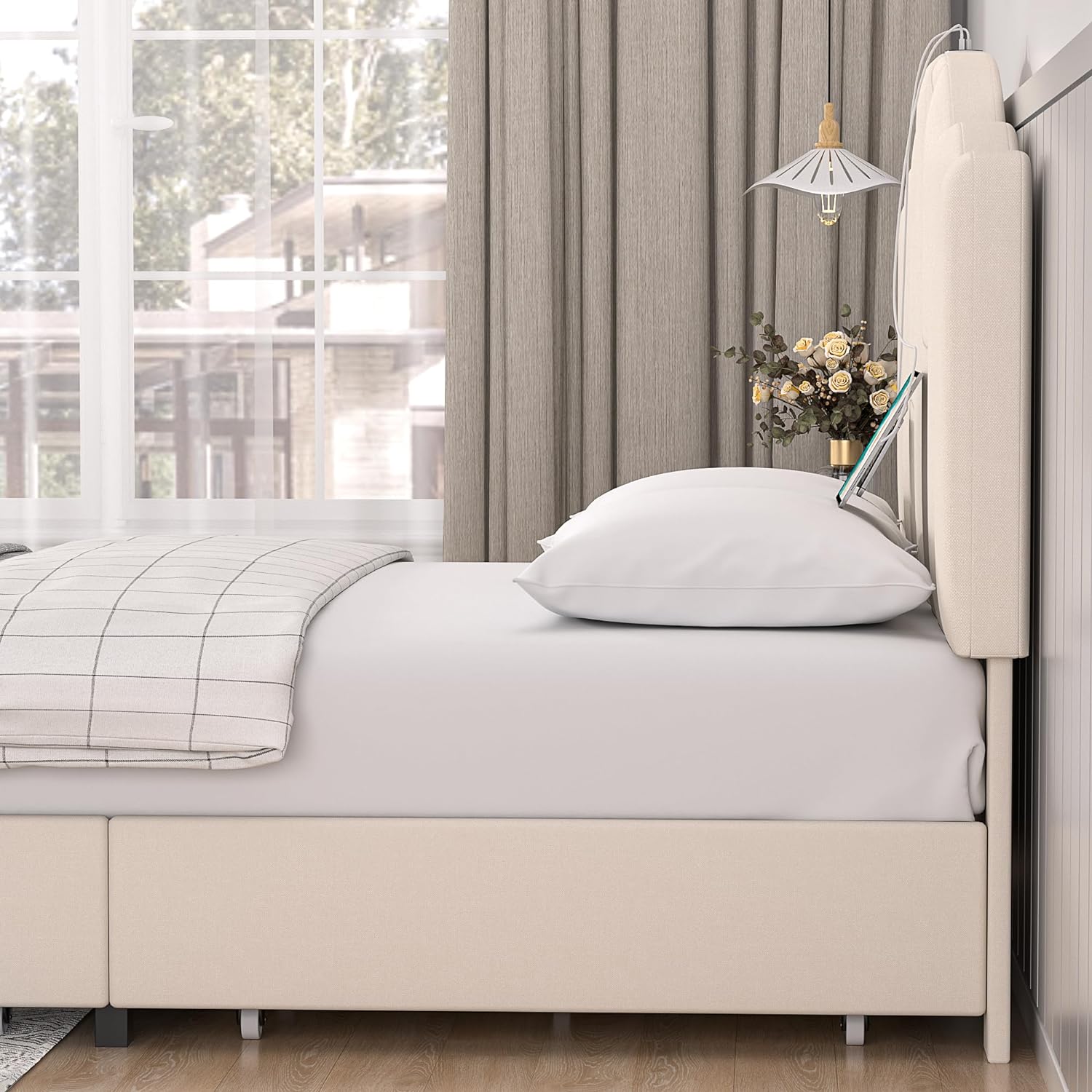 VECELO Upholstered Platform Bed Frame with Type-C & USB Charging Stations - VECELO