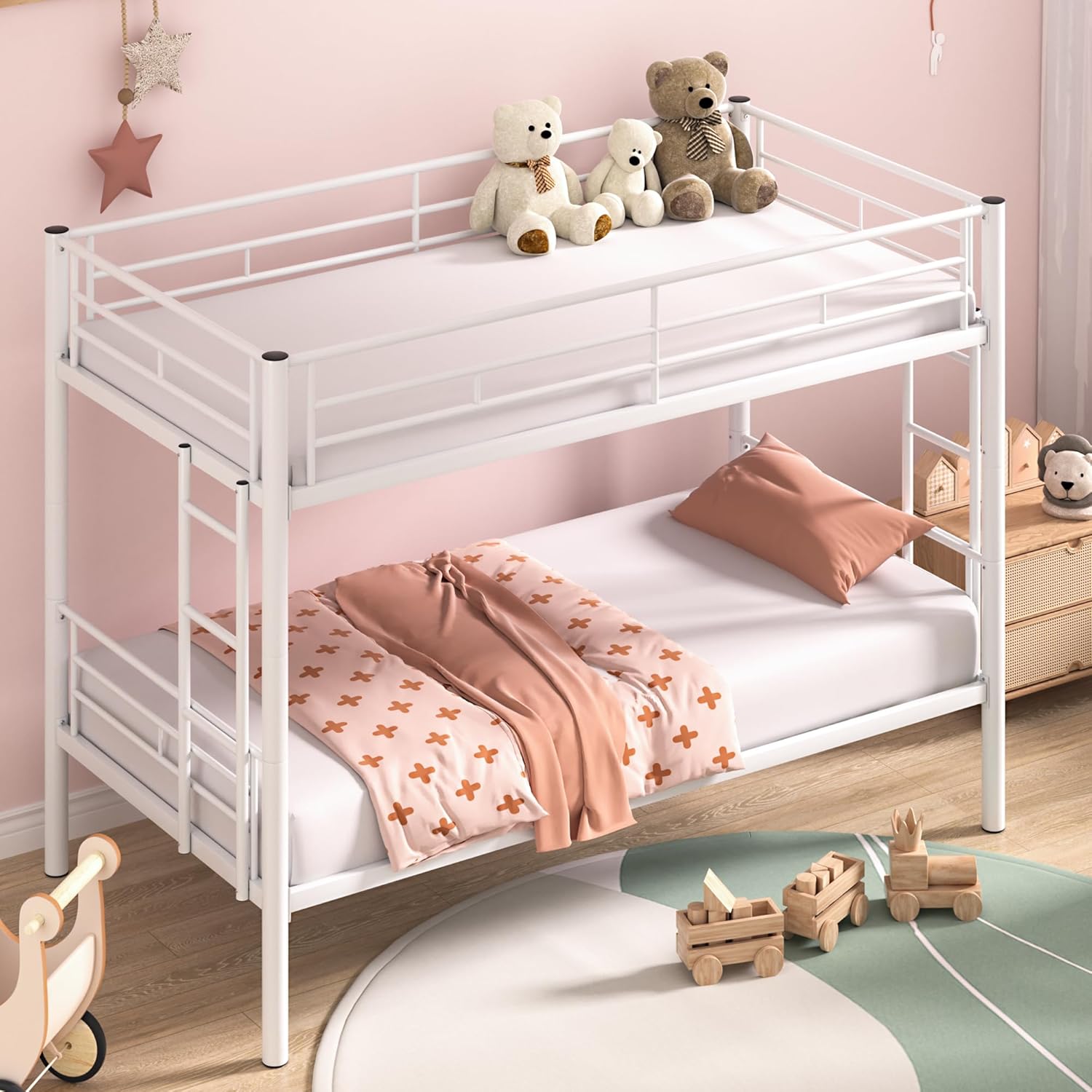 VECELO Metal Bunk Bed Twin Over Twin, Industrial Bunkbeds with Ladder and Full-Length Guardrail - VECELO