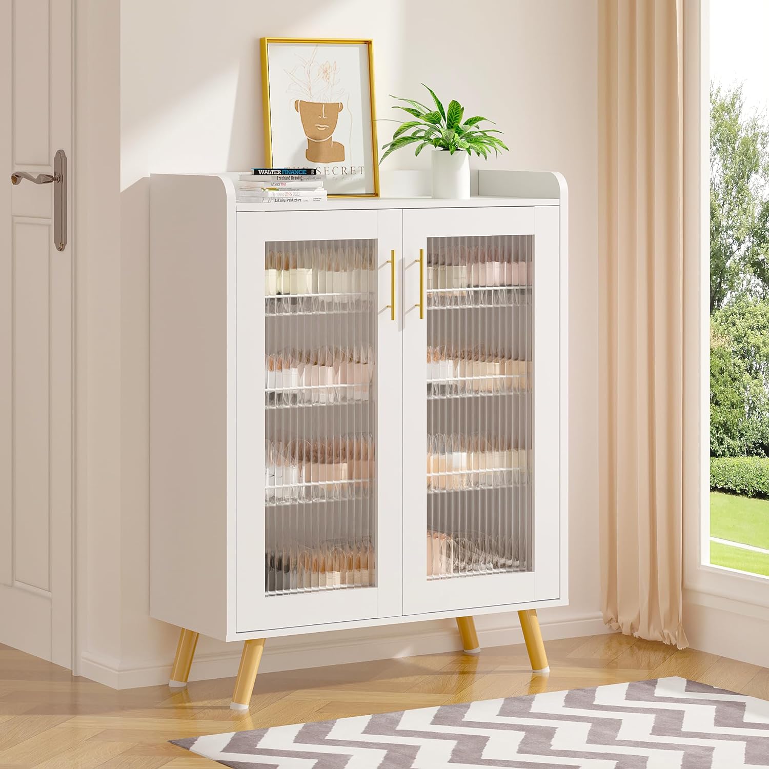 VECELO 4-Tier Shoe Storage Cabinet with Glass Doors and Shelves - VECELO