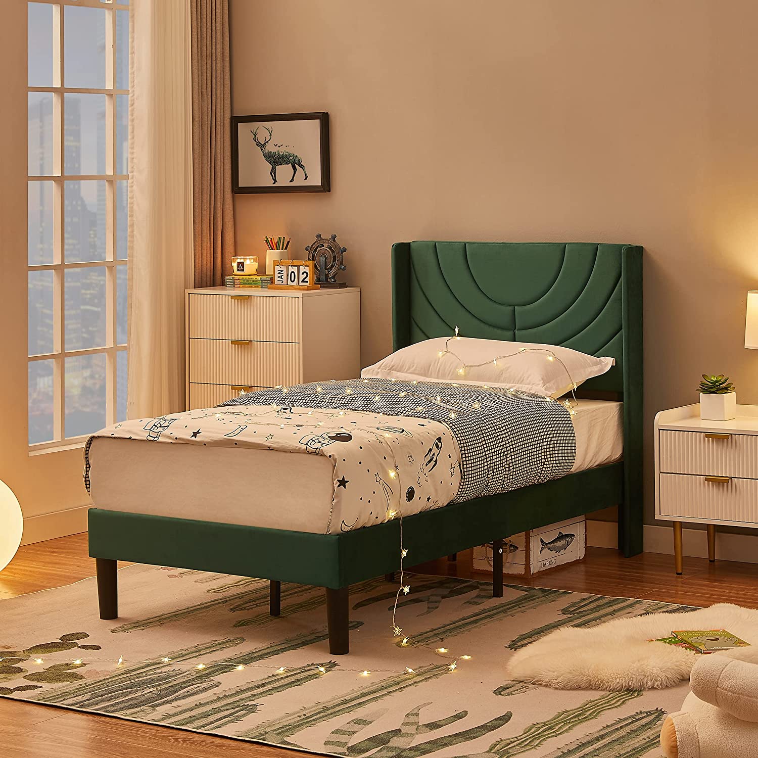 VECELO Upholstered Platform Bed Frame with Adjustable Fabric Headboard - VECELO