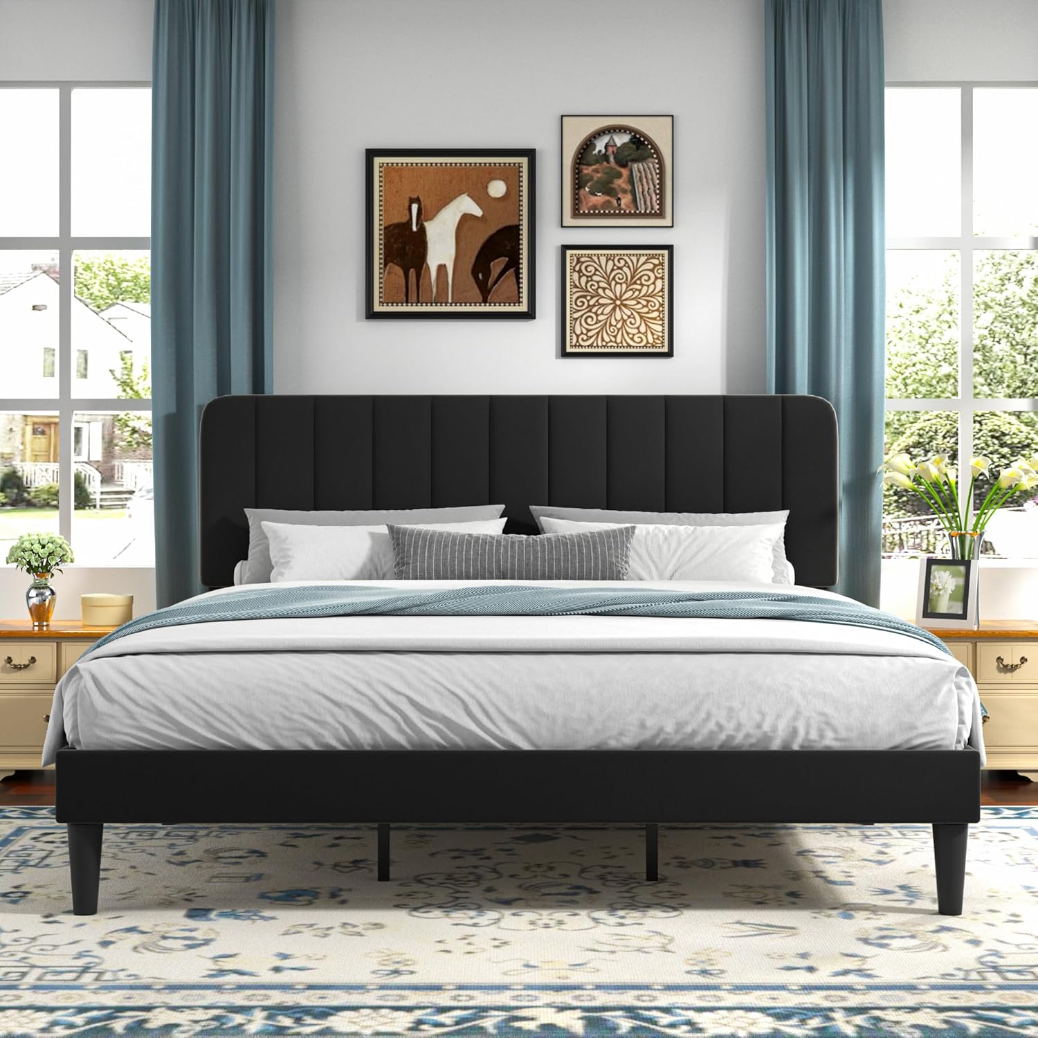 VECELO Upholstered Platform bedframe with Adjustable Headboard - VECELO