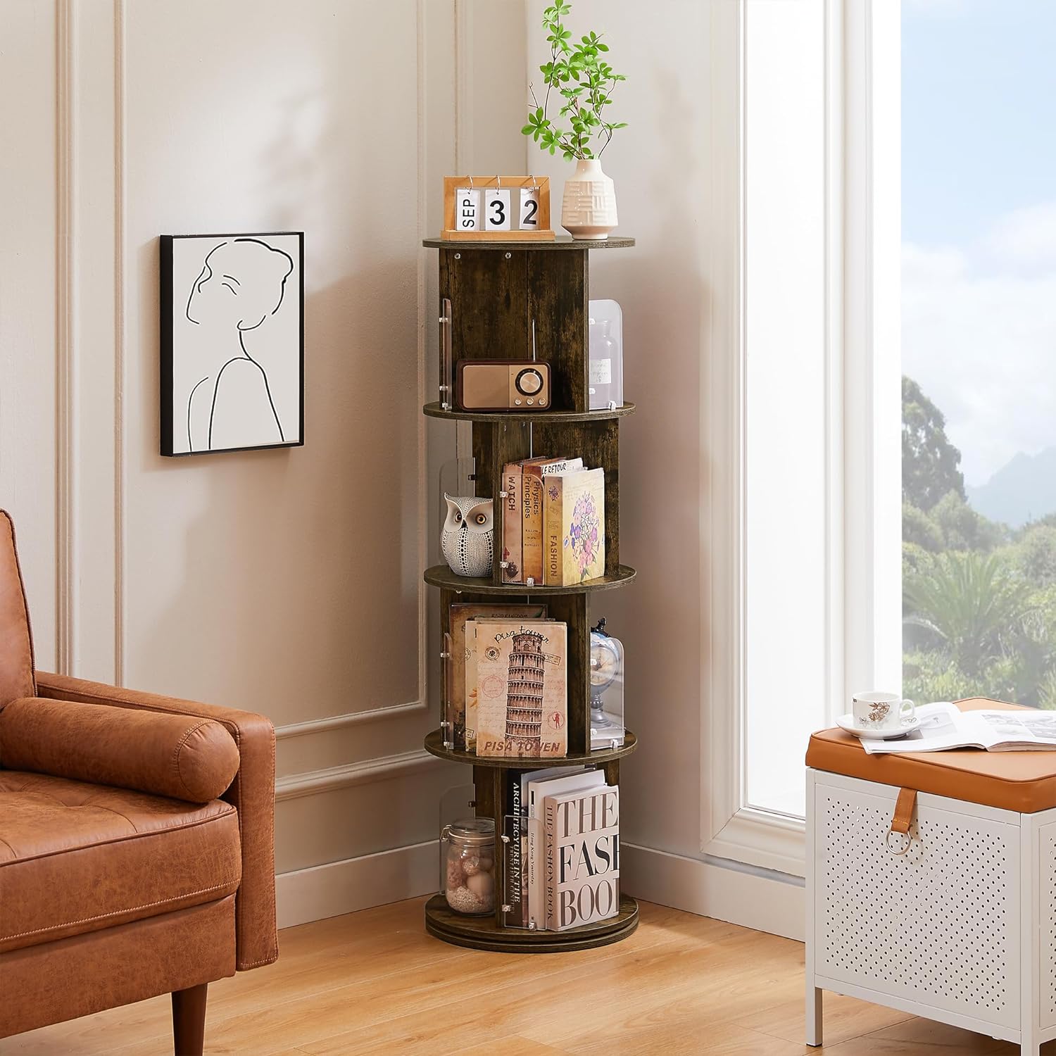 VECELO Rotating Bookshelf with Acrylic Display Window Partition - VECELO