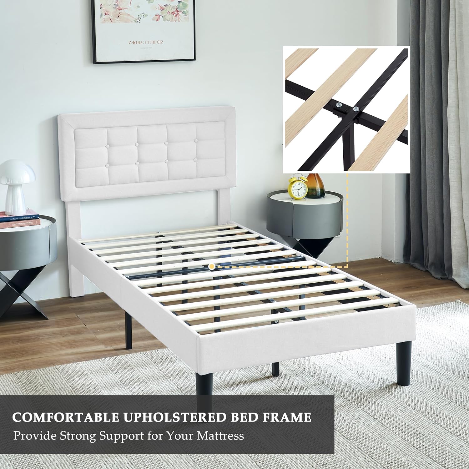 VECELO Upholstered Platform Bed Frame with Height Adjustable Headboard - VECELO