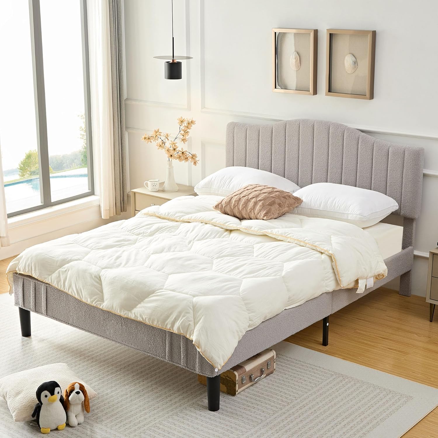VECELO Upholstered Platform Bed Frame with Sheepskin Fabric Adjustable Headboard/Strong Wood Slats Supports - VECELO