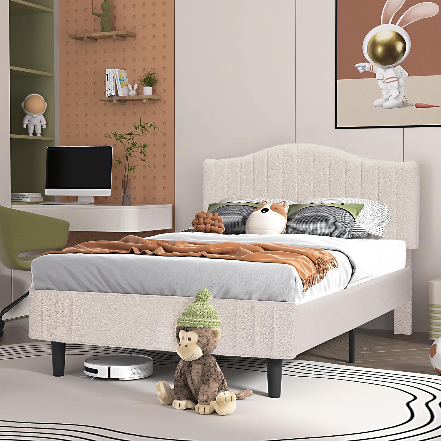 VECELO Upholstered Platform Bed Frame with Sheepskin Fabric Adjustable Headboard/Strong Wood Slats Supports - VECELO
