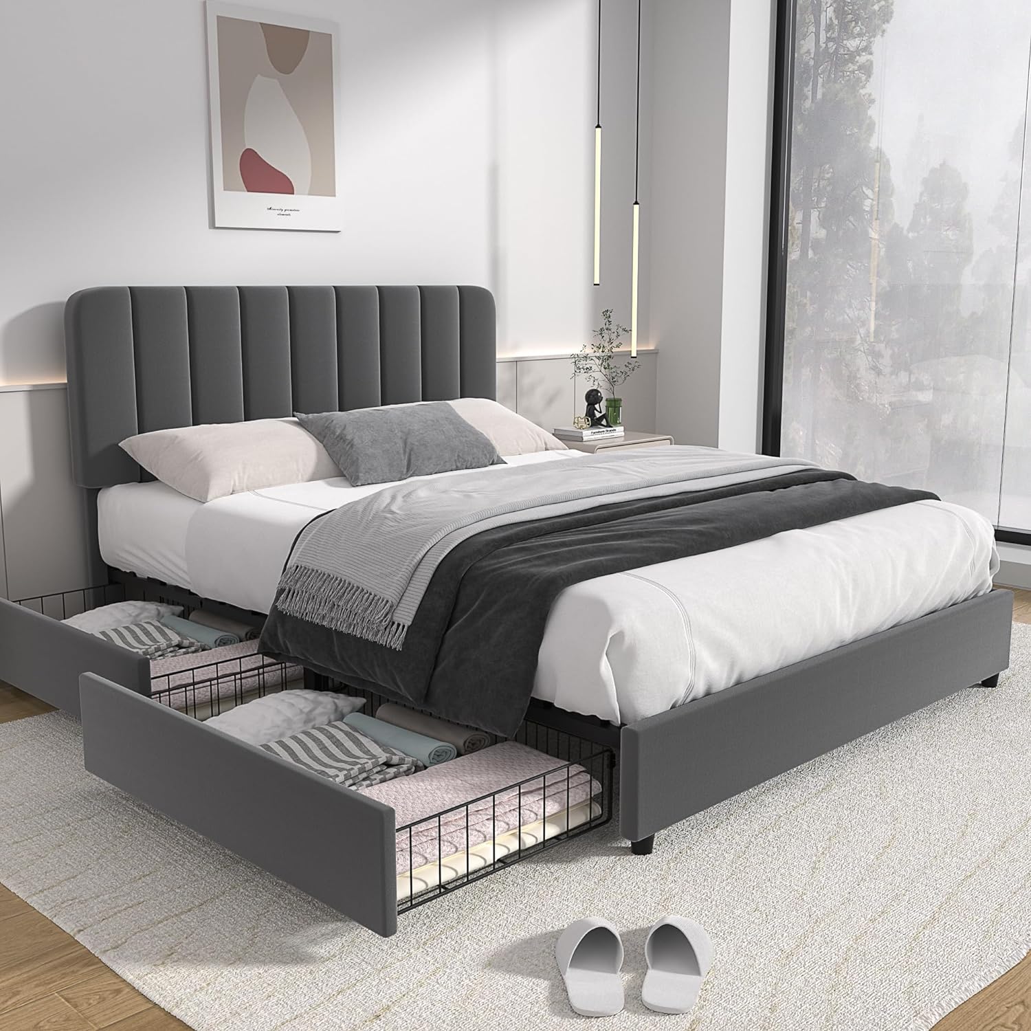 VECELO Upholstered Bed Frame with 4 Drawers and Adjustable Headboard - VECELO