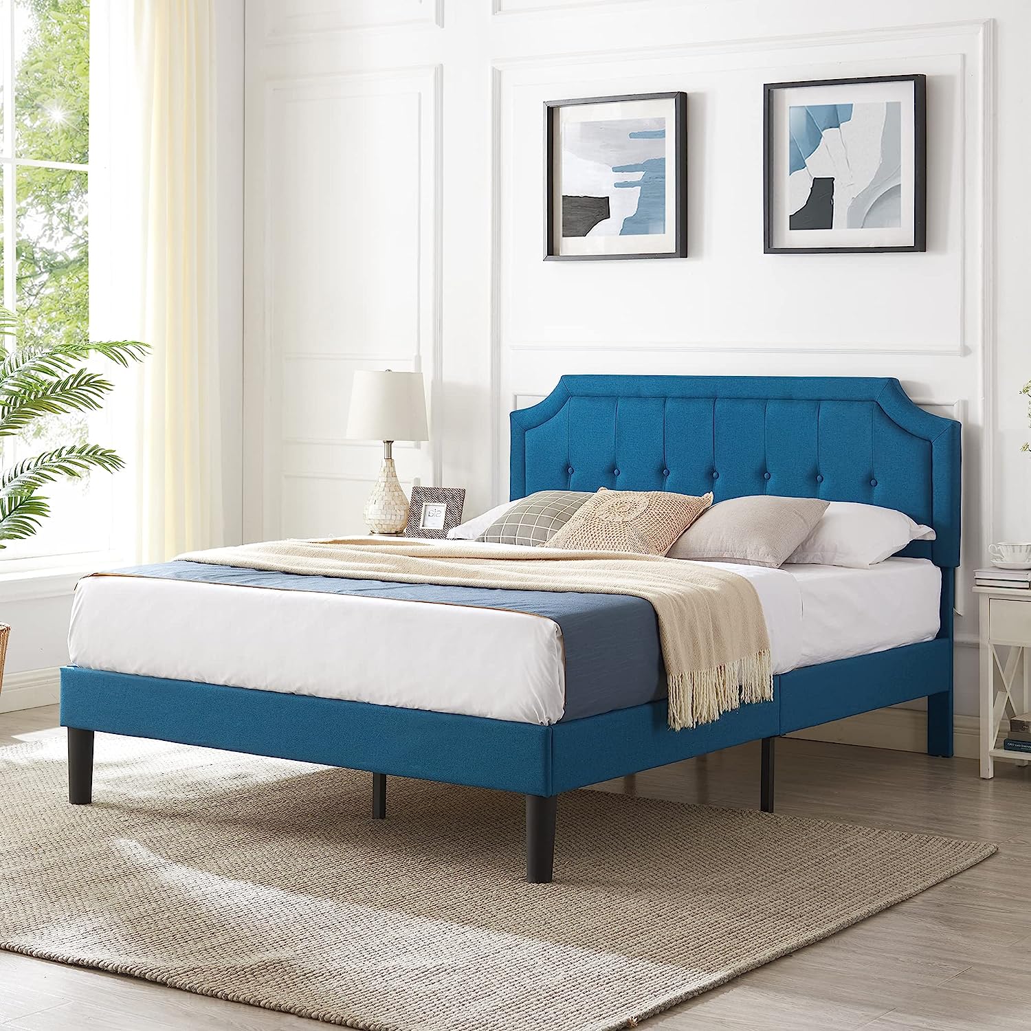 VECELO Premium Upholstered Platform Bed Diamond Stitched Panel Headboard - VECELO