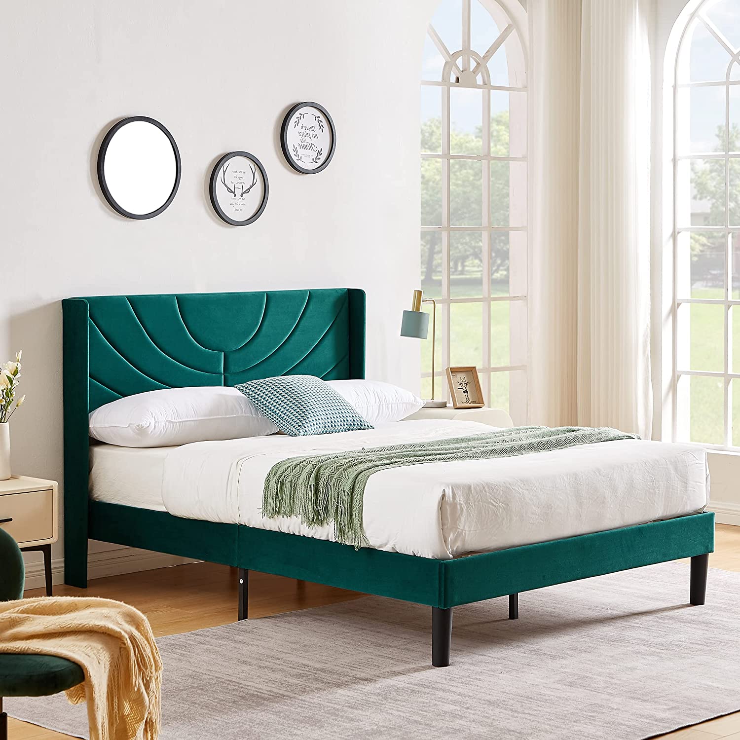 VECELO Upholstered Platform Bed Frame with Adjustable Fabric Headboard - VECELO