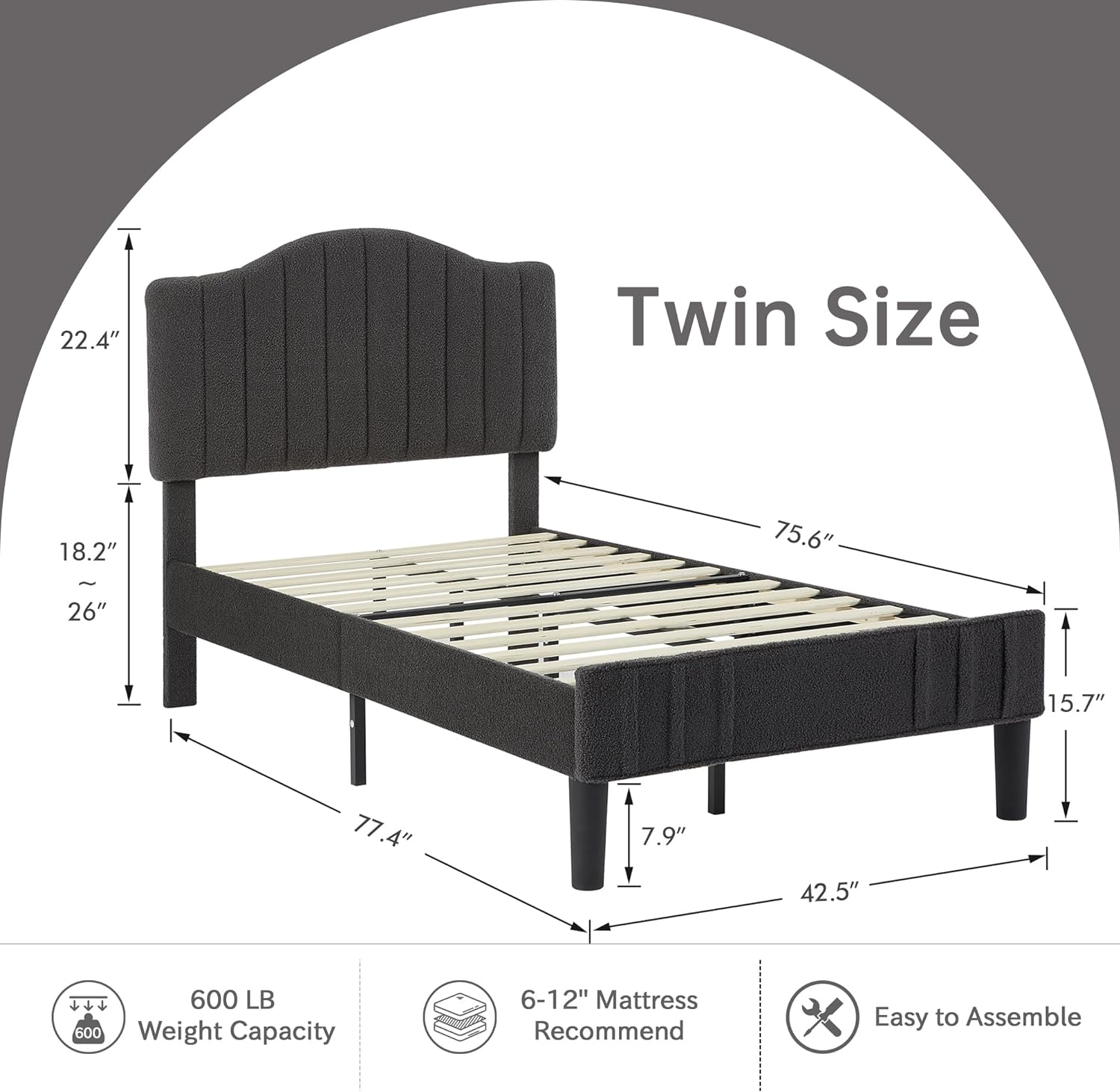 VECELO Upholstered Platform Bed Frame with Sheepskin Fabric Adjustable Headboard/Strong Wood Slats Supports - VECELO