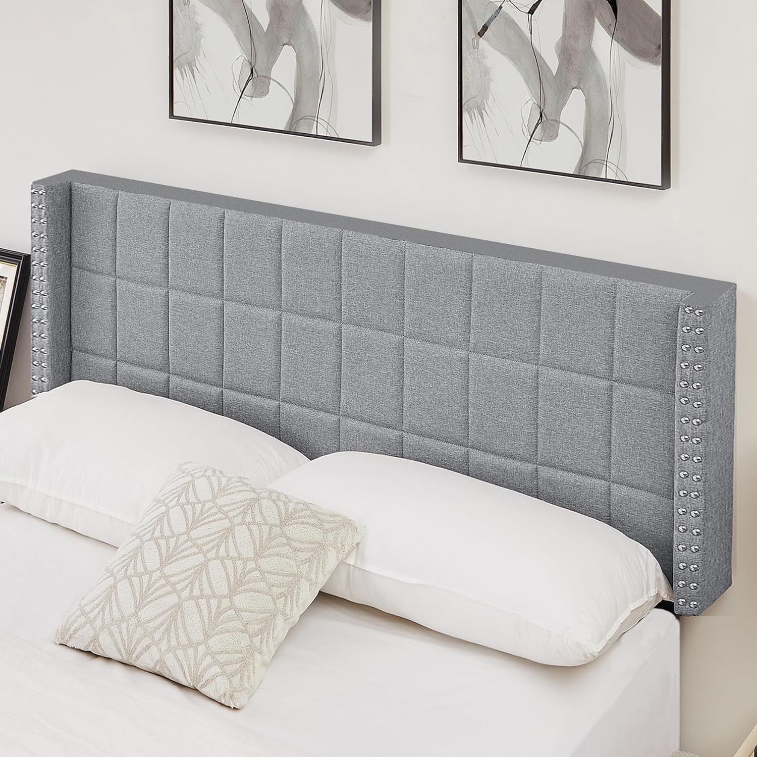 VECELO Linen Upholstered Headboard for Queen/King Size Bed, Tufted Nailhead & Double Wingback for Bedroom - VECELO