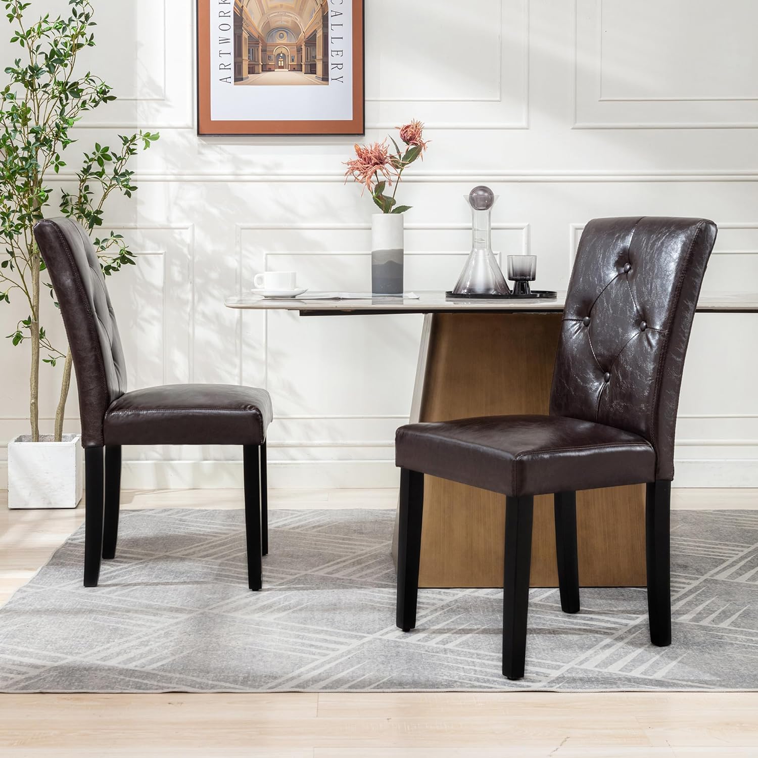 VECELO Upholstered Dining Set of 2 Modern Fabric Dinning Chair with Solid Wood Legs and High Back - VECELO