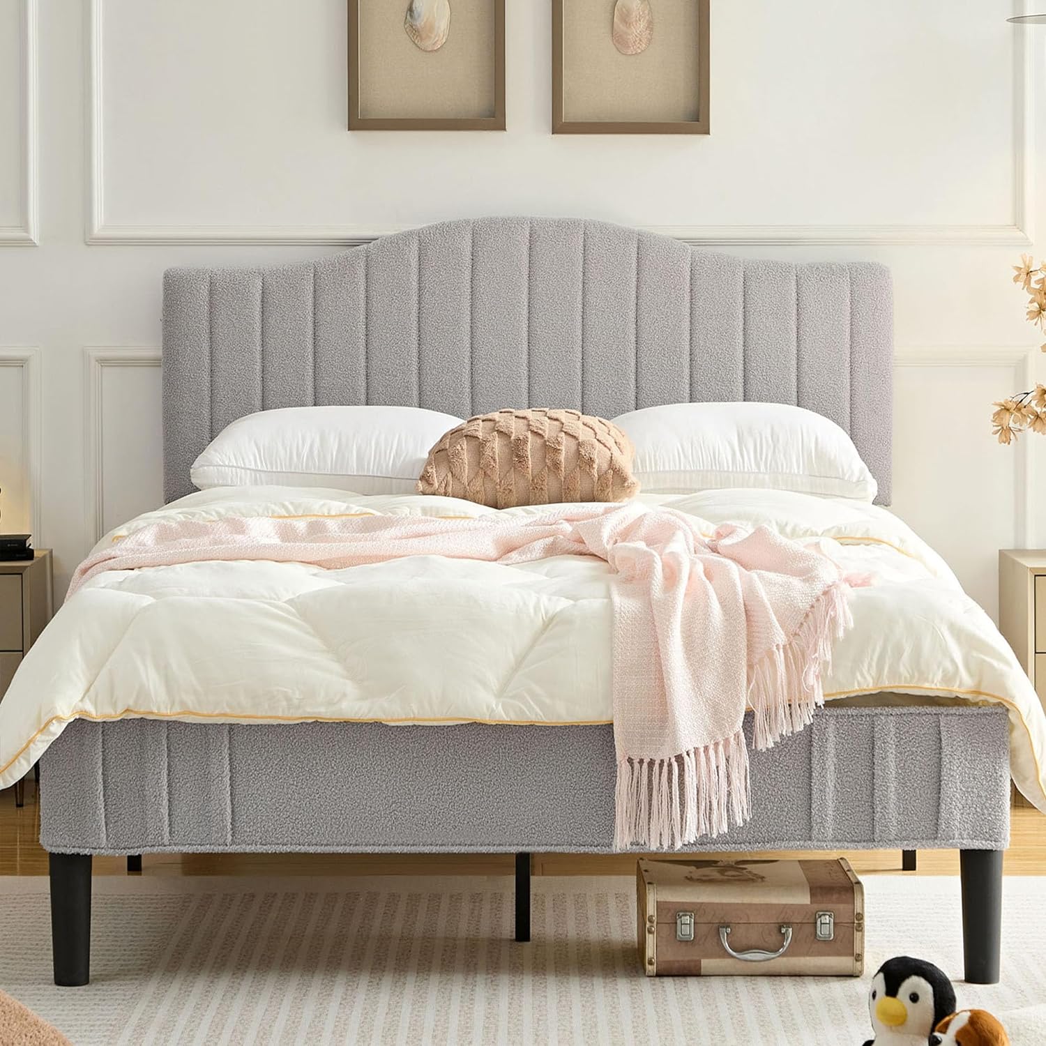 VECELO Upholstered Platform Bed Frame with Sheepskin Fabric Adjustable Headboard/Strong Wood Slats Supports - VECELO
