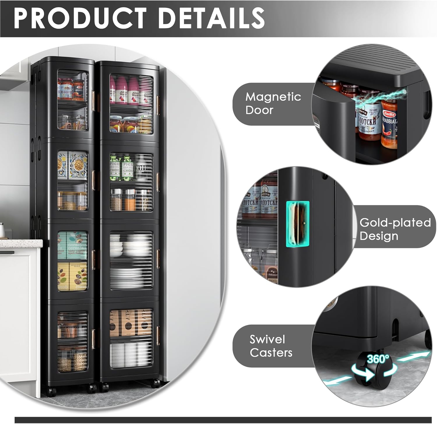 VECELO 4-Tier Tall Narrow Storage Cabinet with Movable Wheels - VECELO