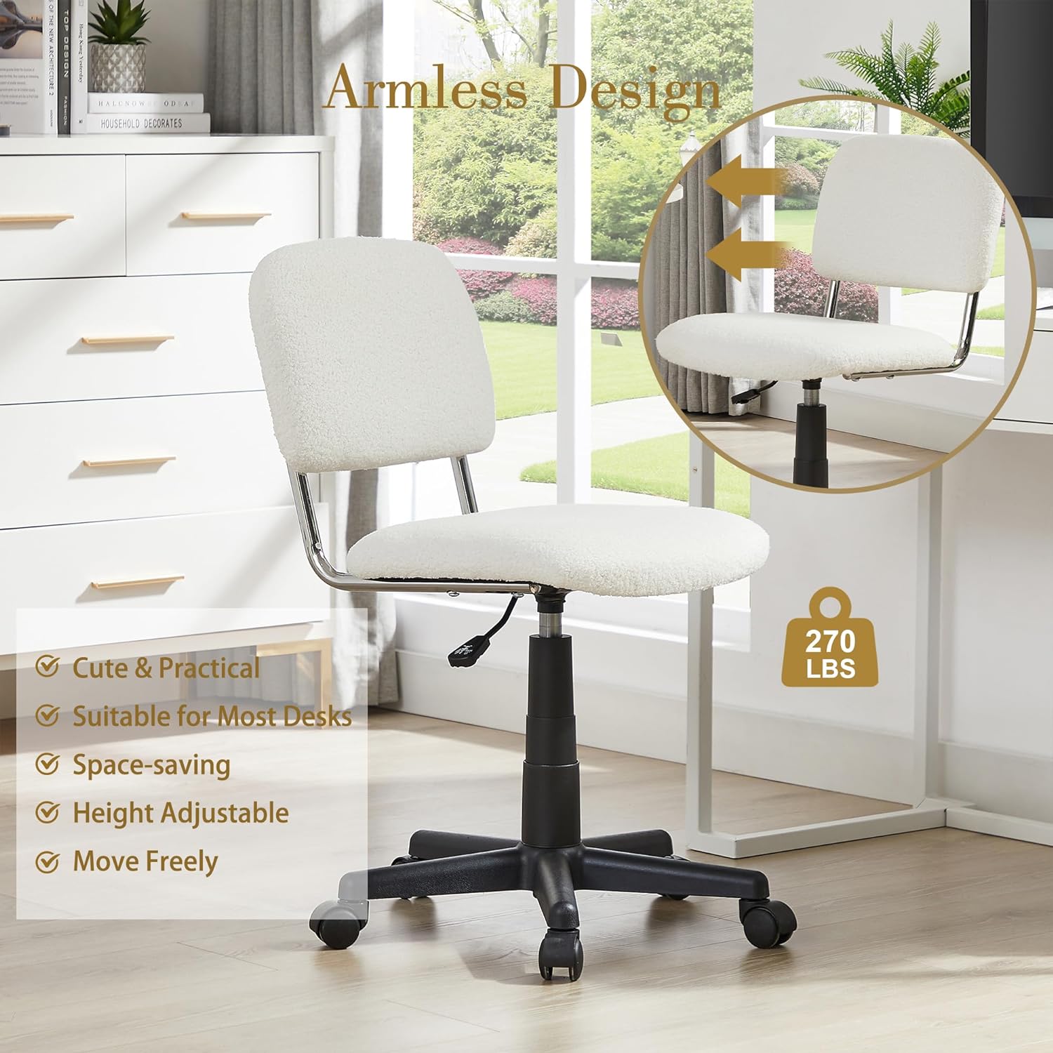 VECELO Faux Fur Comfy Height Adjustable Swivel Armless Home Office Sherpa Chair - VECELO