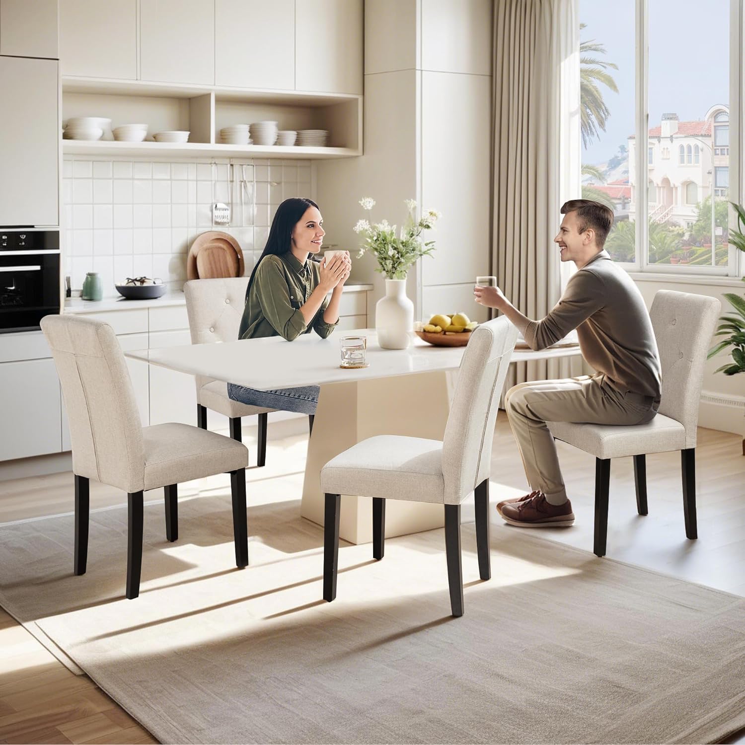 VECELO Upholstered Dining Set of 2 Modern Fabric Dinning Chair with Solid Wood Legs and High Back - VECELO