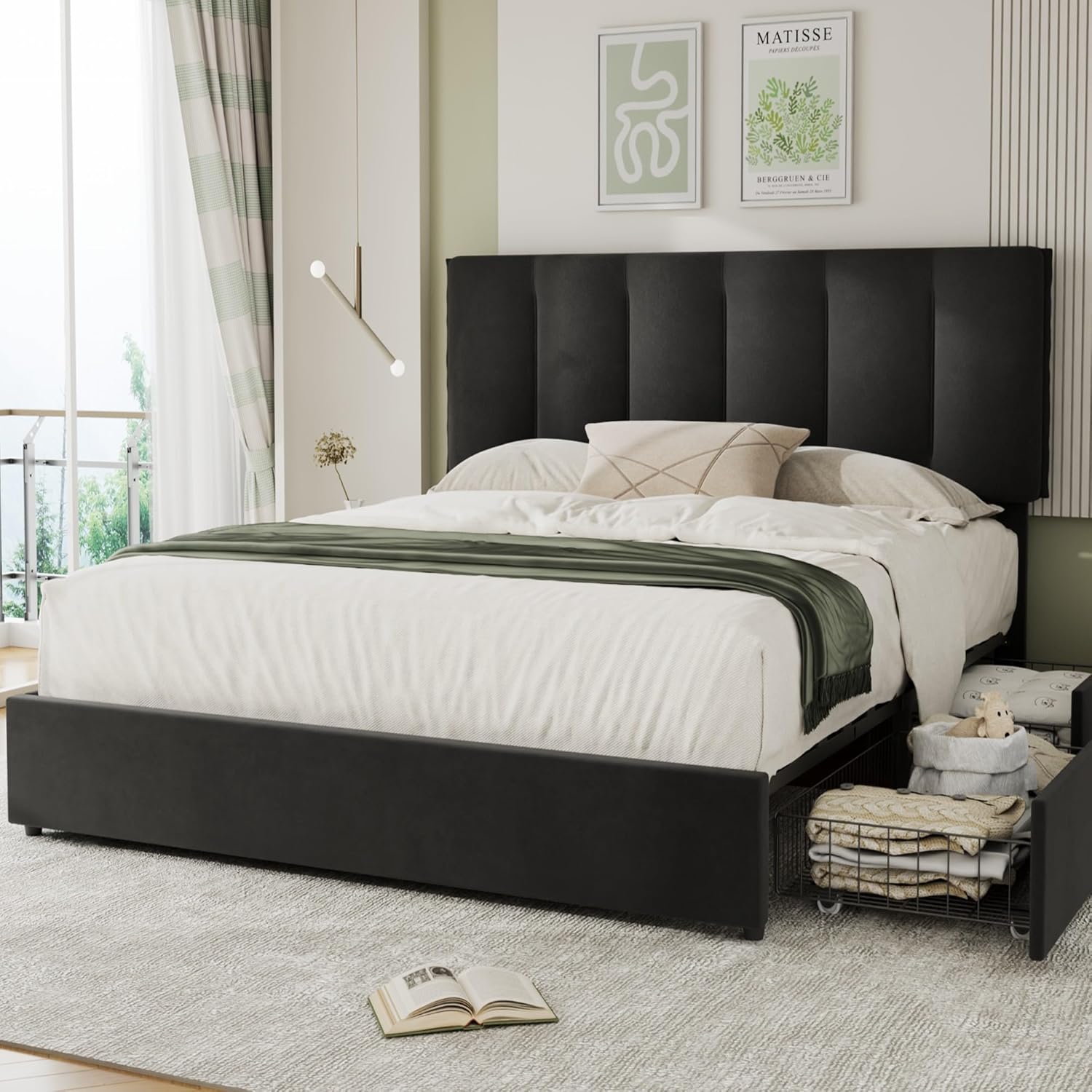 VECELO Upholstered Bed Frame with 4 Storage Drawers and Adjustable Velvet Headboard - VECELO