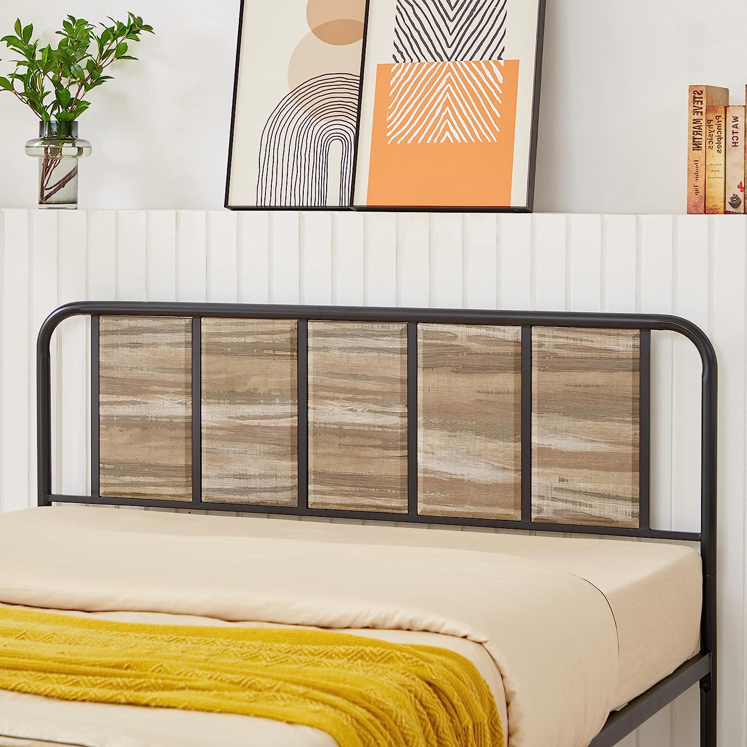 VECELO Bed Frame Metal Platform with Wooden Headboard Footboard Heavy Duty Mattress Foundation - VECELO