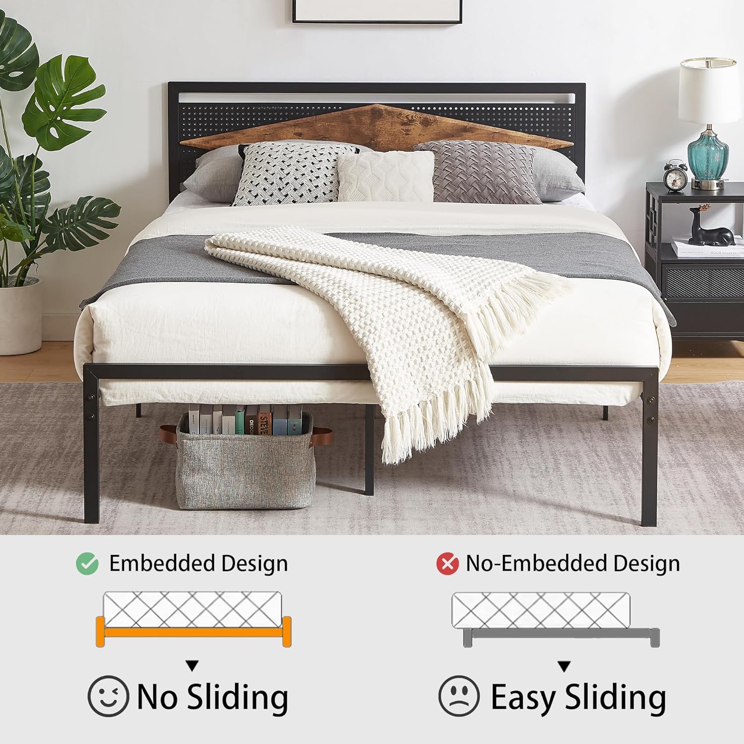 VECELO Metal Bed Frame Platform with Wood Grain Headboard&Footboard - VECELO