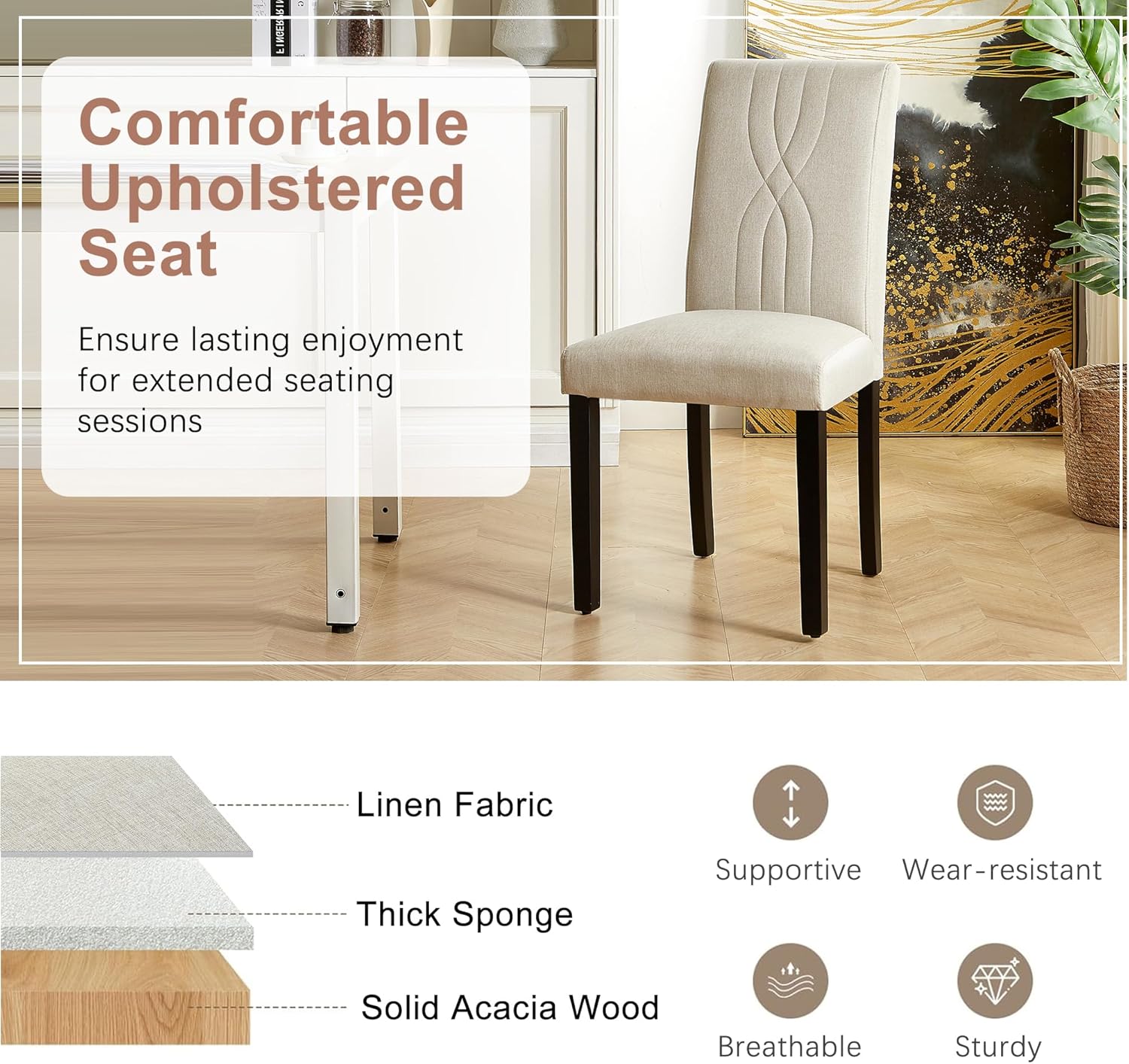 VECELO Upholstered Dining Chairs Set of 2 Modern Fabric and Solid Wood Legs & High Back - VECELO