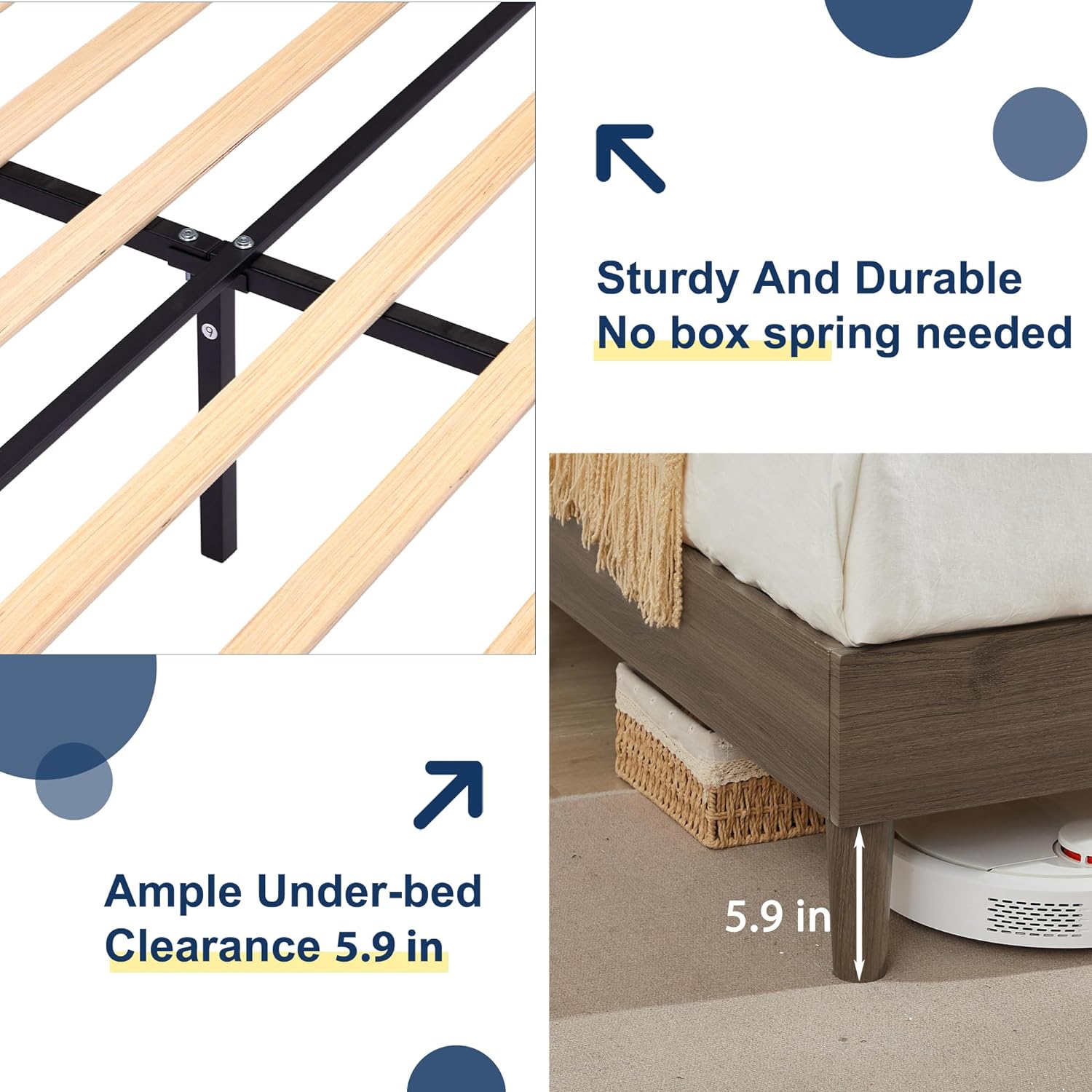 VECELO Upholstered Platform Bed Frame with Height-Adjustable Cotton and Linen Headboard - VECELO