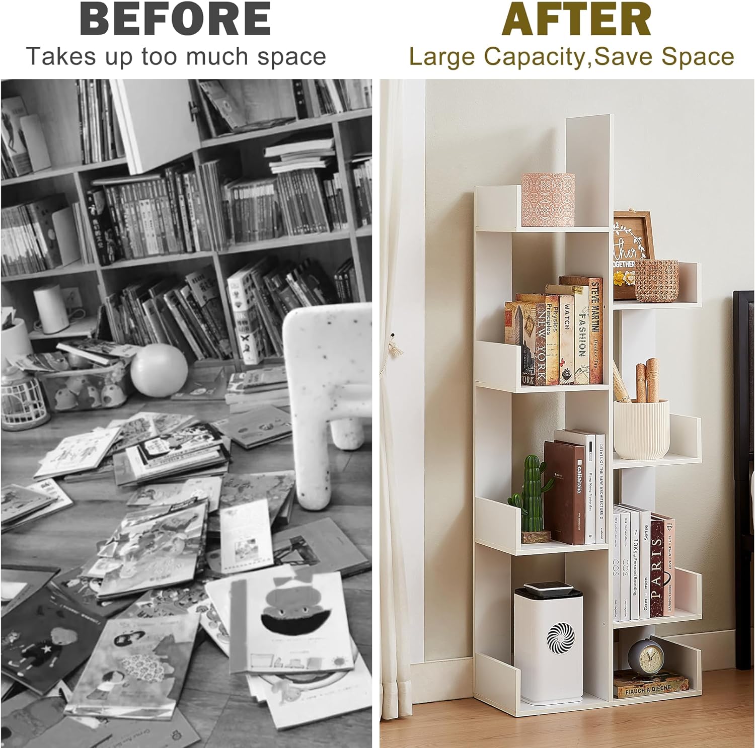 VECELO Tree Bookshelf, Geometric 8 Shelf Tree Bookcase Wood Bookshelves Display - VECELO