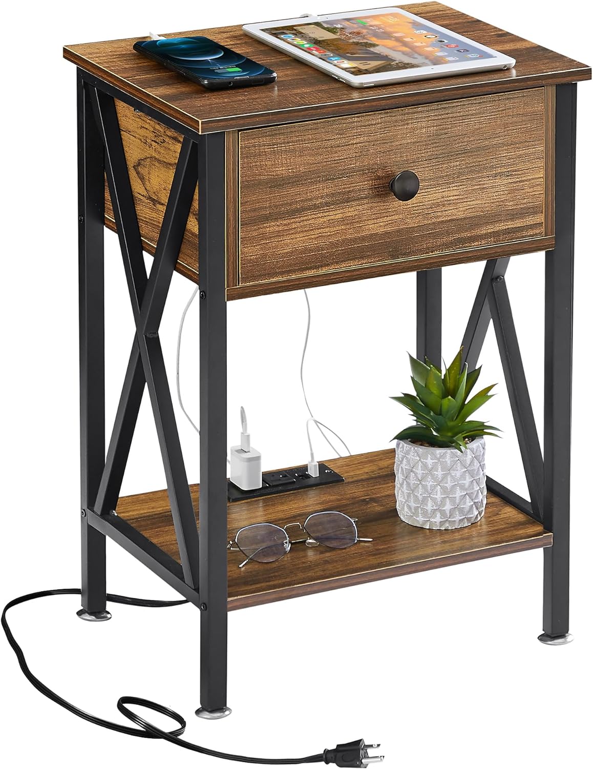 VECELO Modern Bedside End Tables with Charging Station & USB Ports, 1 Pack/2 Packs - VECELO