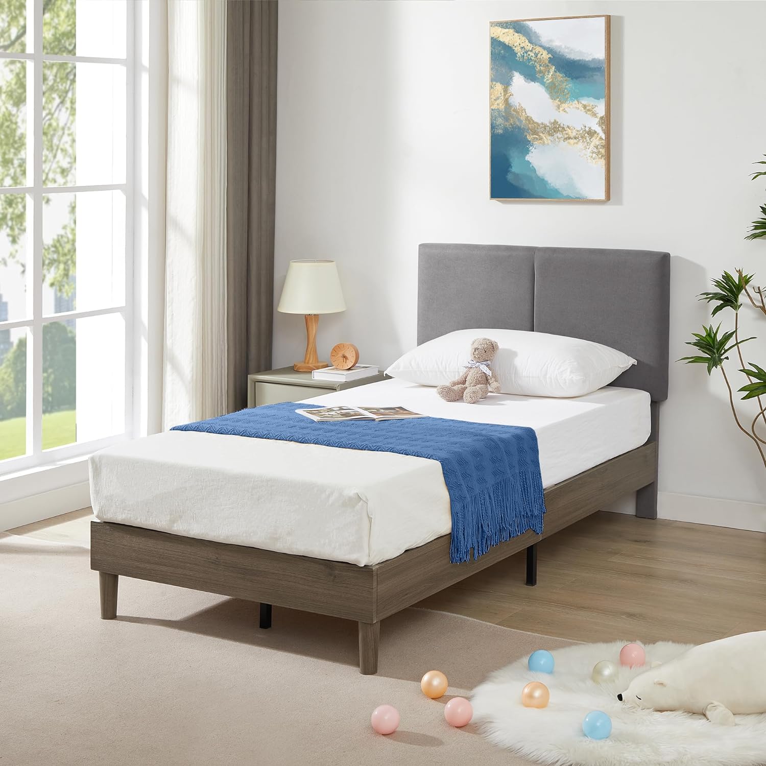 VECELO Upholstered Platform Bed Frame with Height-Adjustable Cotton and Linen Headboard - VECELO
