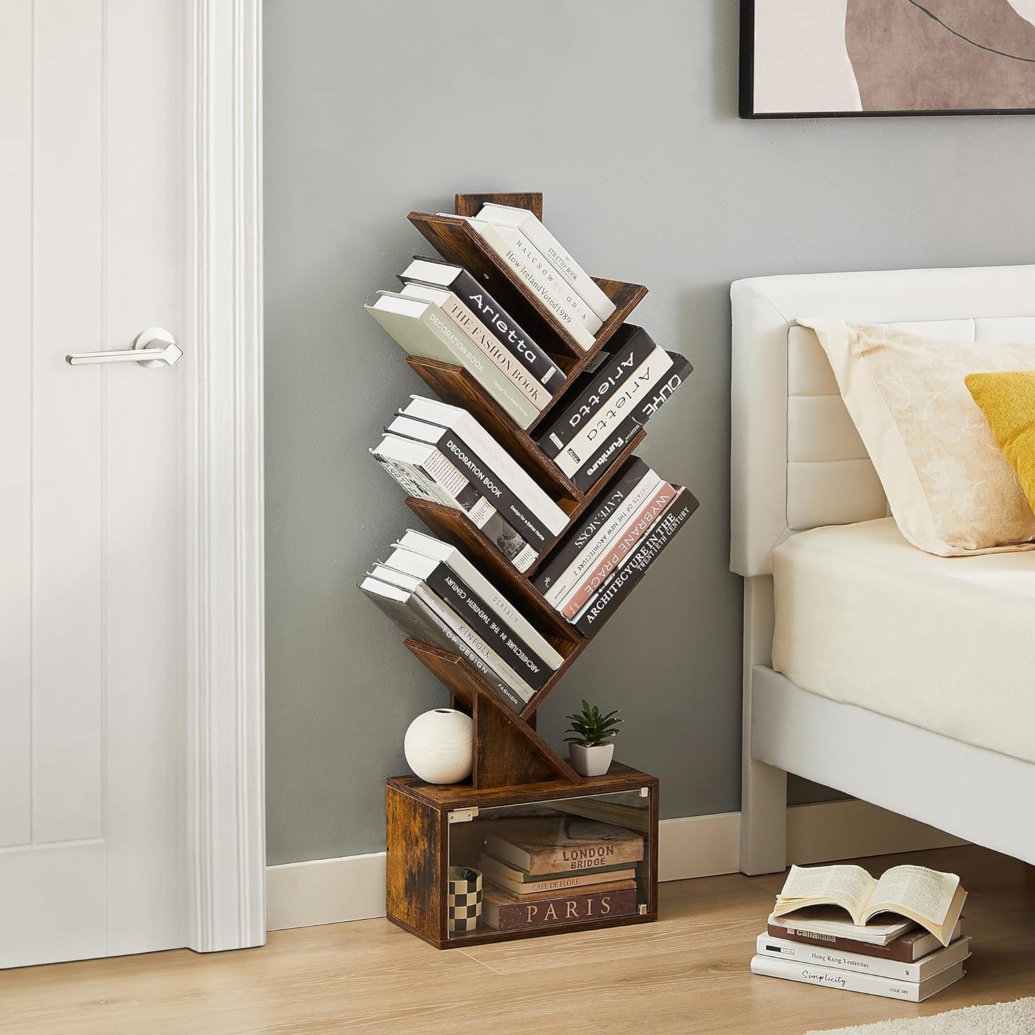 VECELO Tree Bookshelf, 7-Tier Tree Bookcase Wood Shelves Display with Storage Cabinet - VECELO