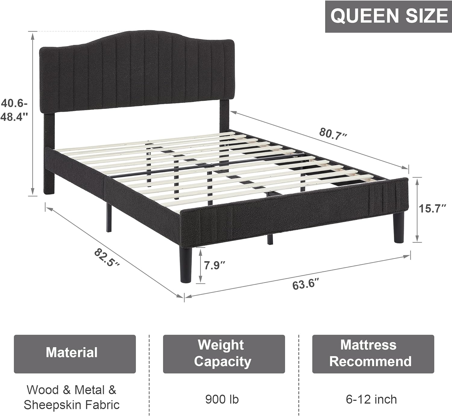 VECELO Upholstered Platform Bed Frame with Sheepskin Fabric Adjustable Headboard/Strong Wood Slats Supports - VECELO