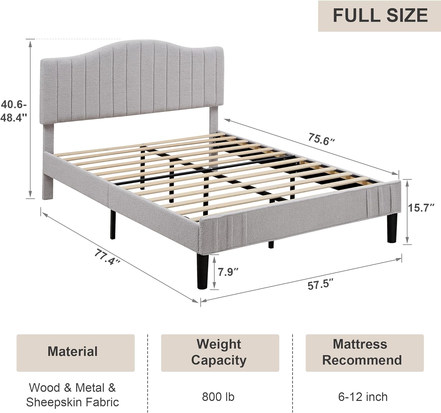 VECELO Upholstered Platform Bed Frame with Sheepskin Fabric Adjustable Headboard/Strong Wood Slats Supports - VECELO