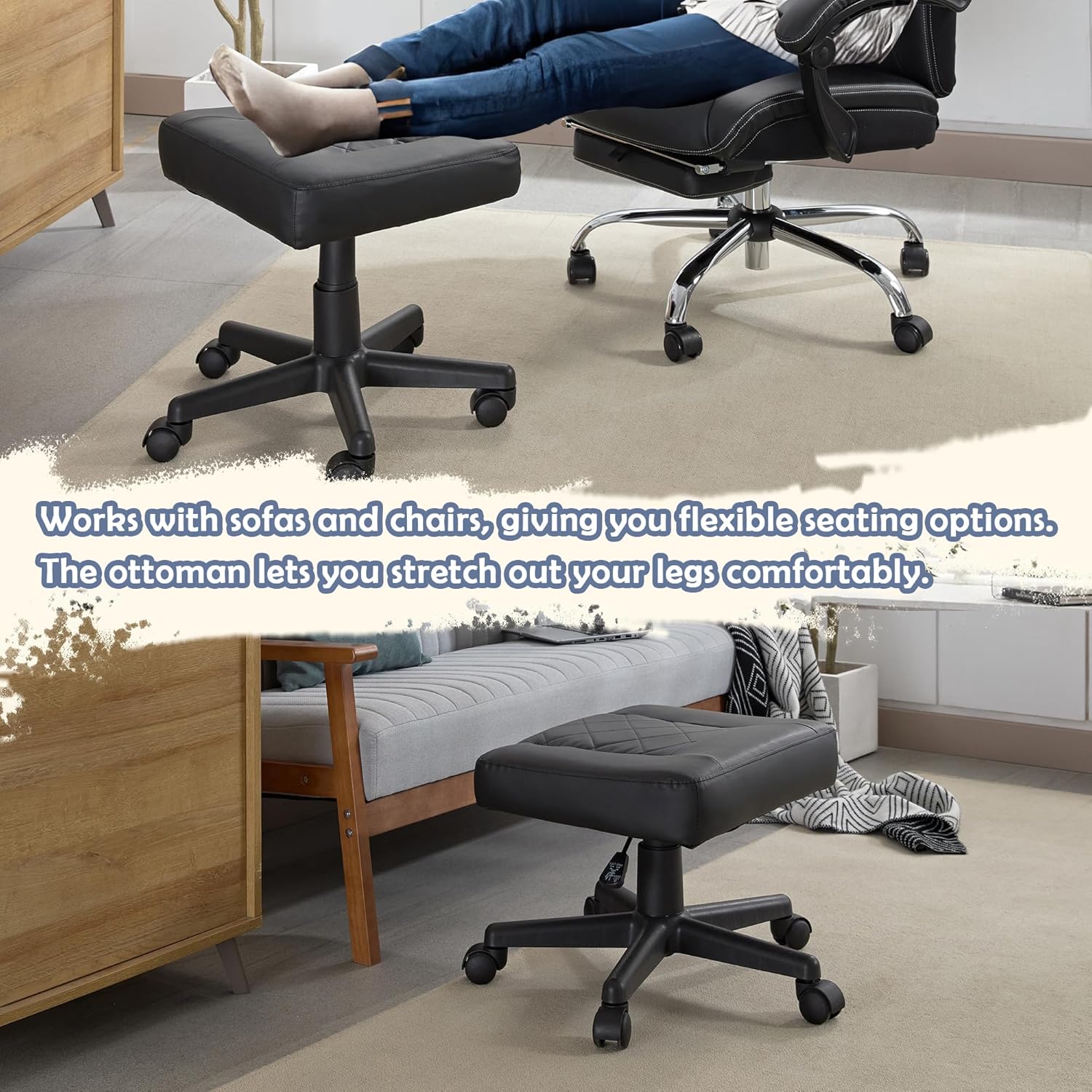VECELO Under Desk Footrest, PU Ergonomic Foot Rest with Wheels - VECELO