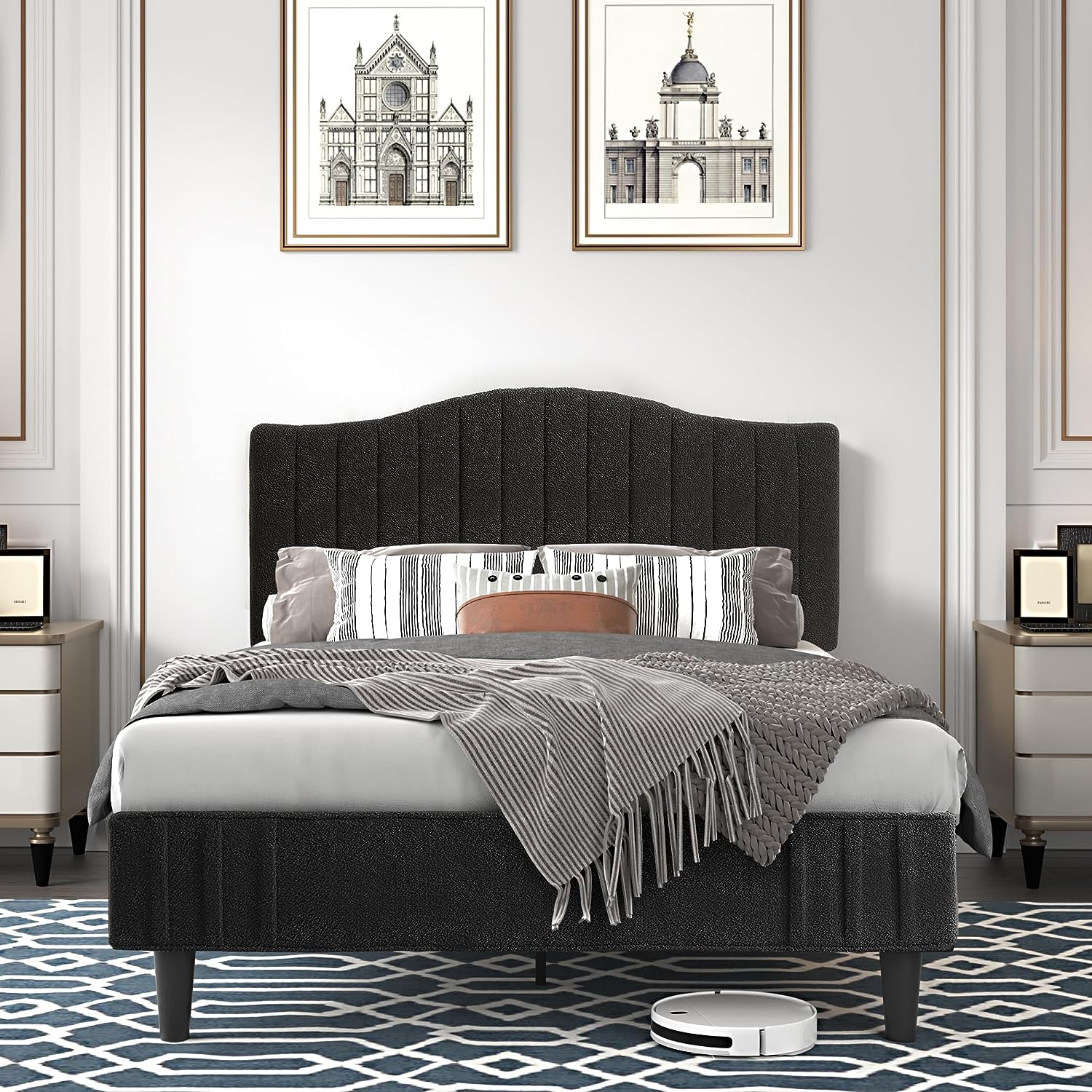 VECELO Upholstered Platform Bed Frame with Sheepskin Fabric Adjustable Headboard/Strong Wood Slats Supports - VECELO