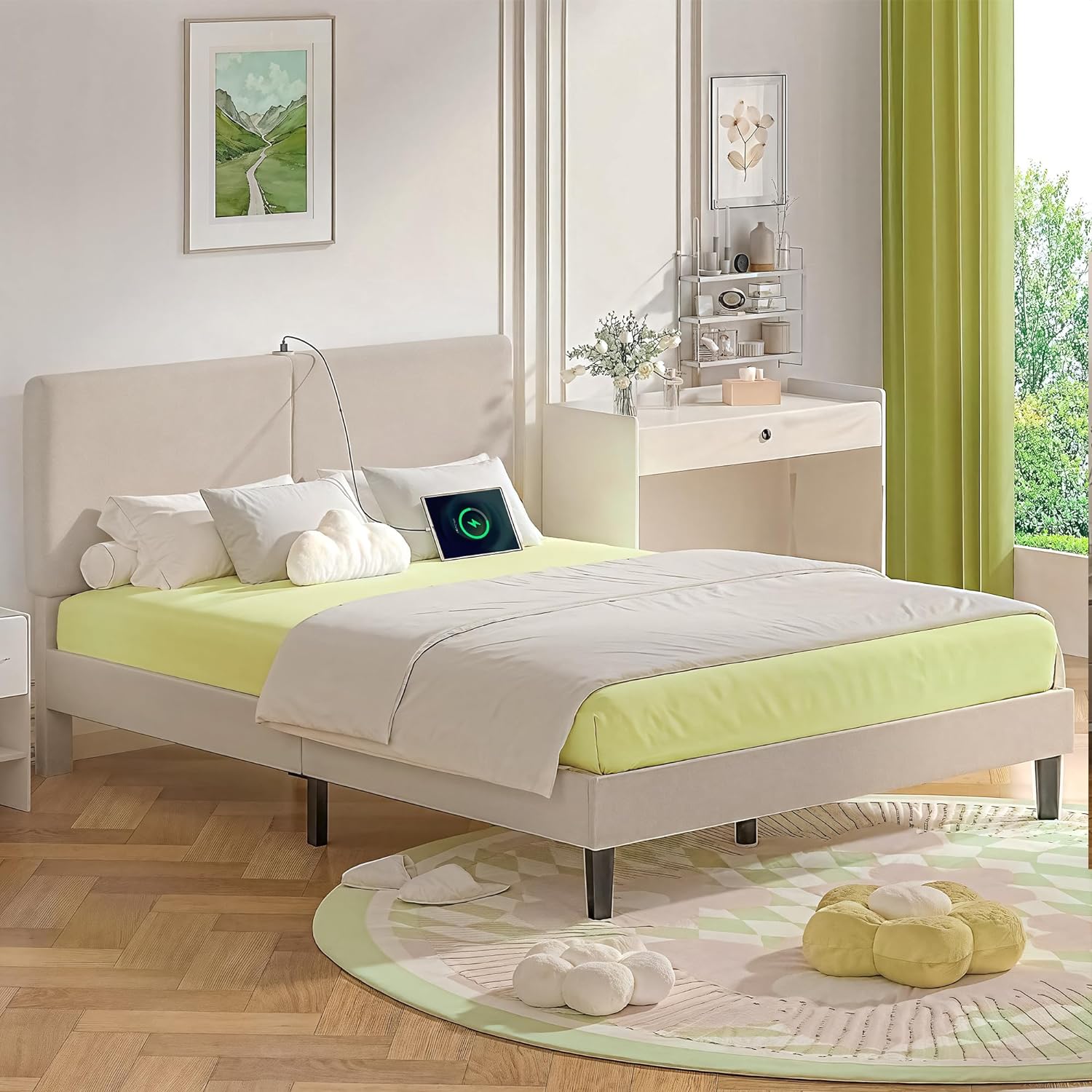 VECELO Twin/Full/Queen Bed Frame Upholstered Platform with Type-C & USB Ports Height-Adjustable Cotton and Linen Headboard - VECELO