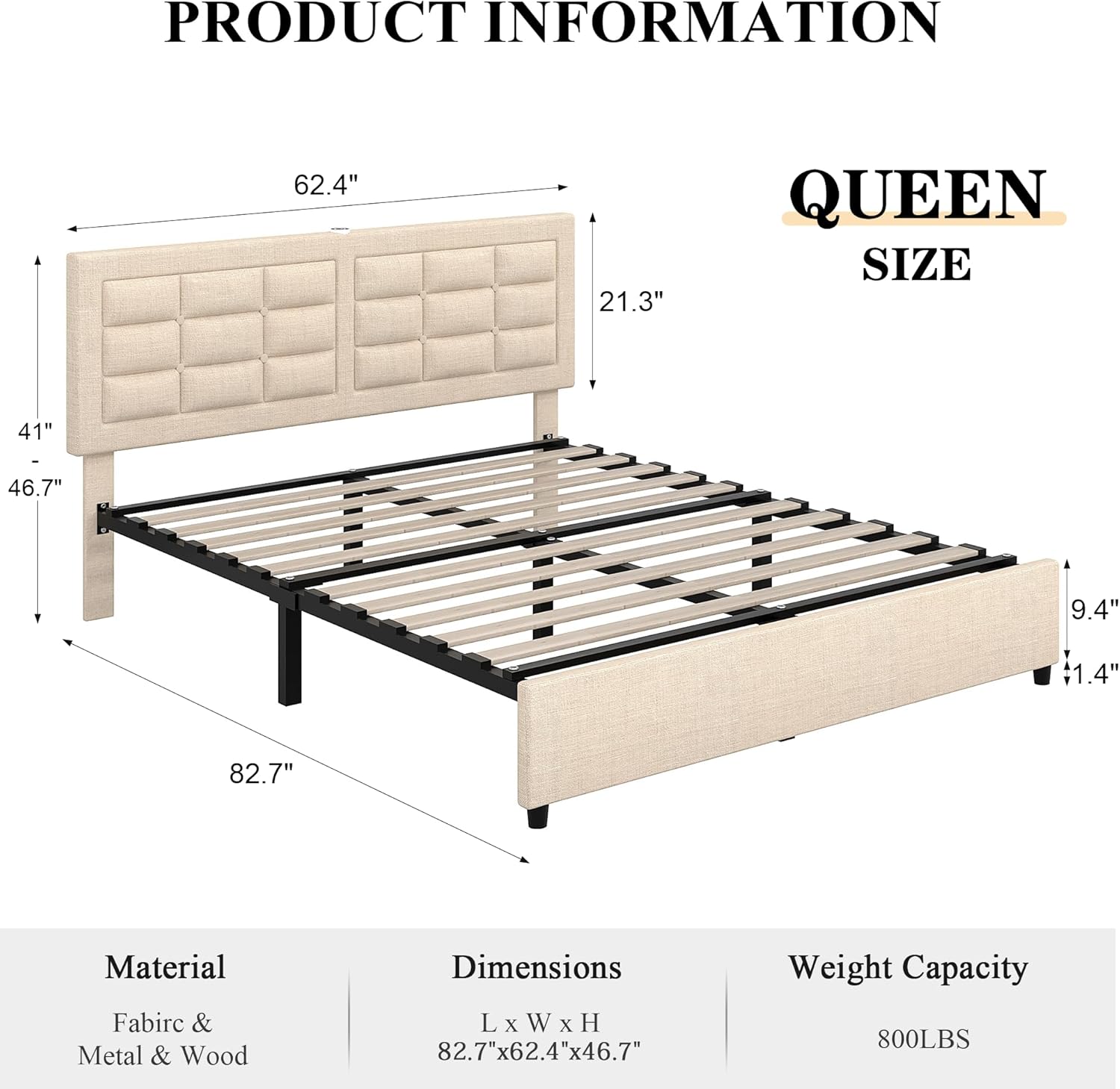 VECELO Bed Frame with 4 Drawers, Adjustable Tufted Button Headboard - VECELO