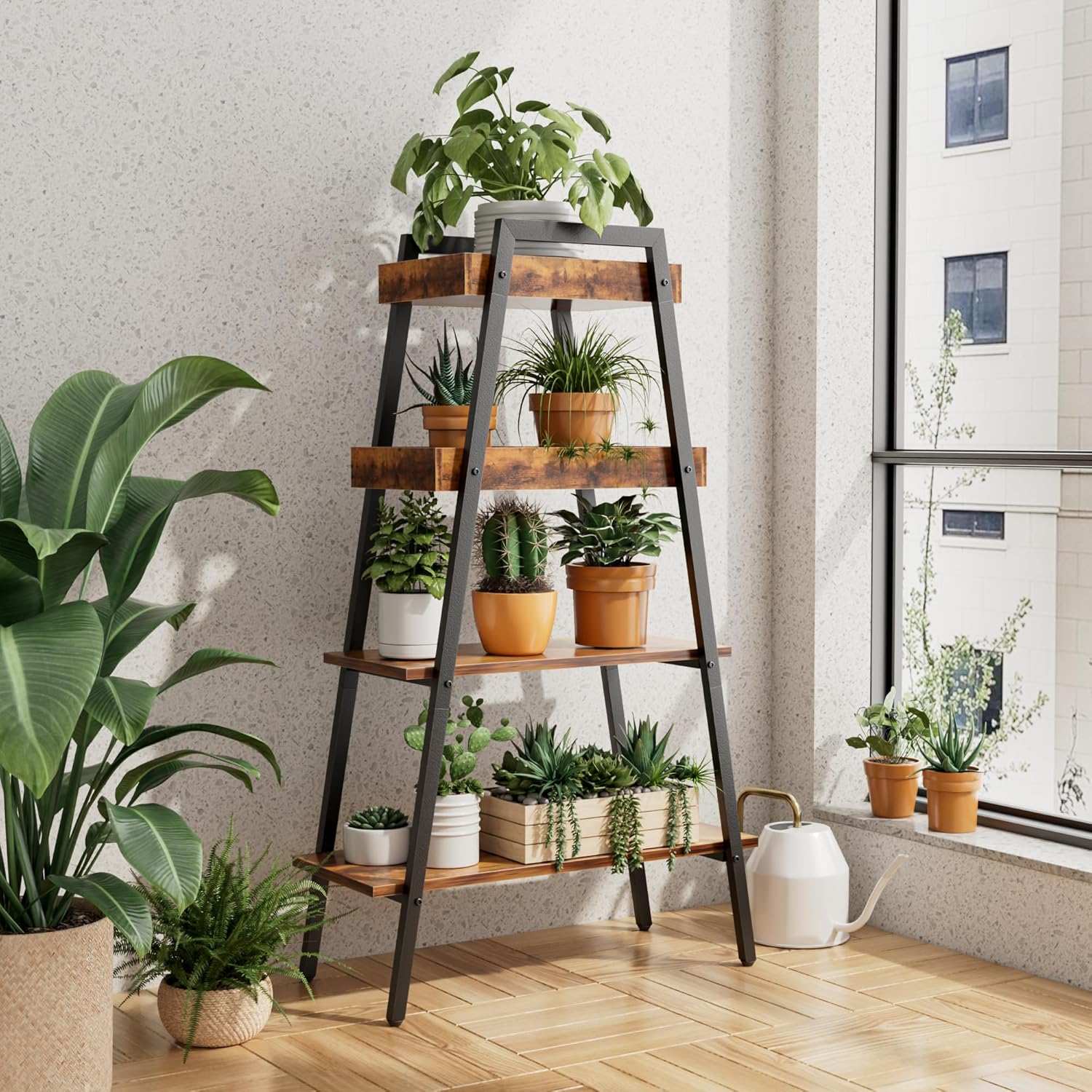 VECELO Ladder Shelf/Display Shelf 4 Tier Storage Bookcase Rack Wood & Steel - VECELO
