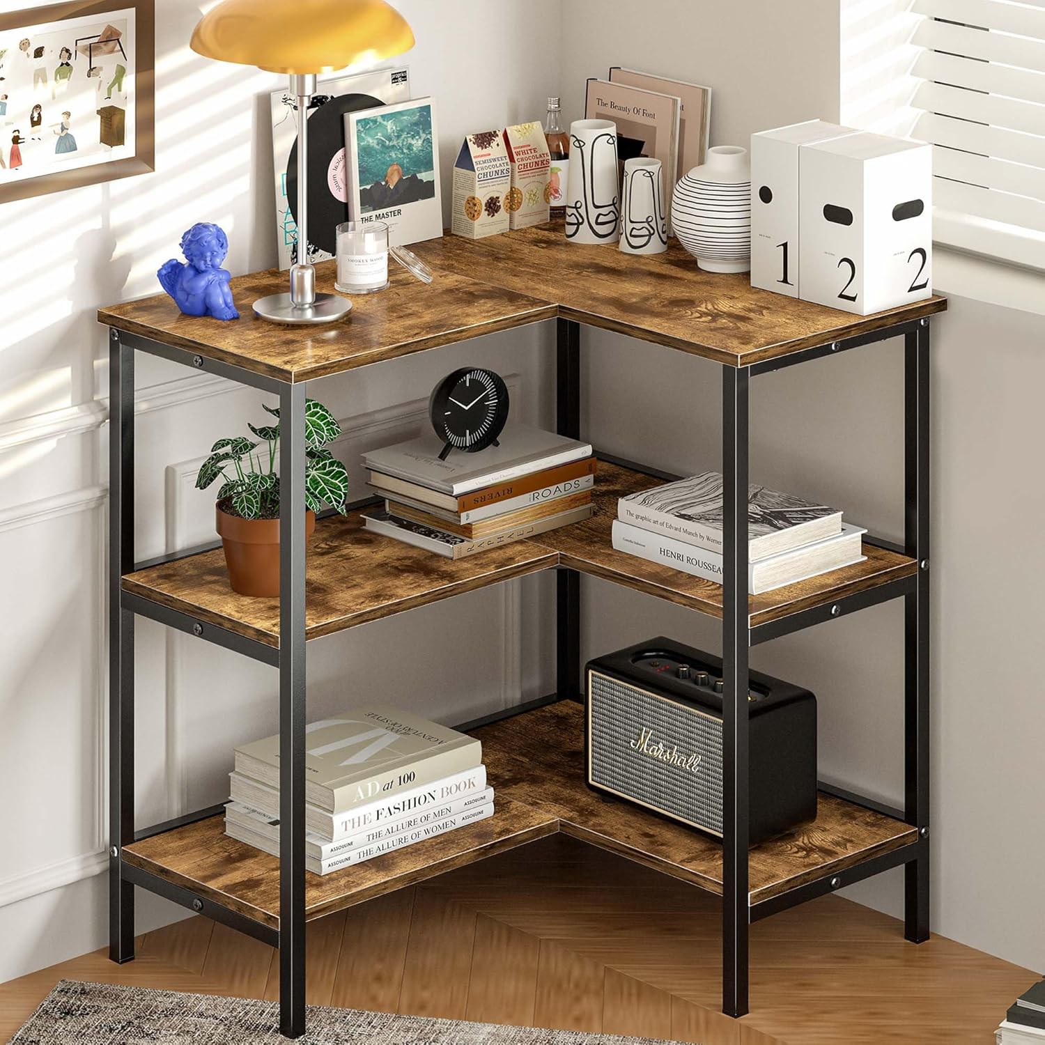 VECELO Corner Cabinet Table with 3 Tier Open Shelf, Multipurpose Display Organizer Storage Stand