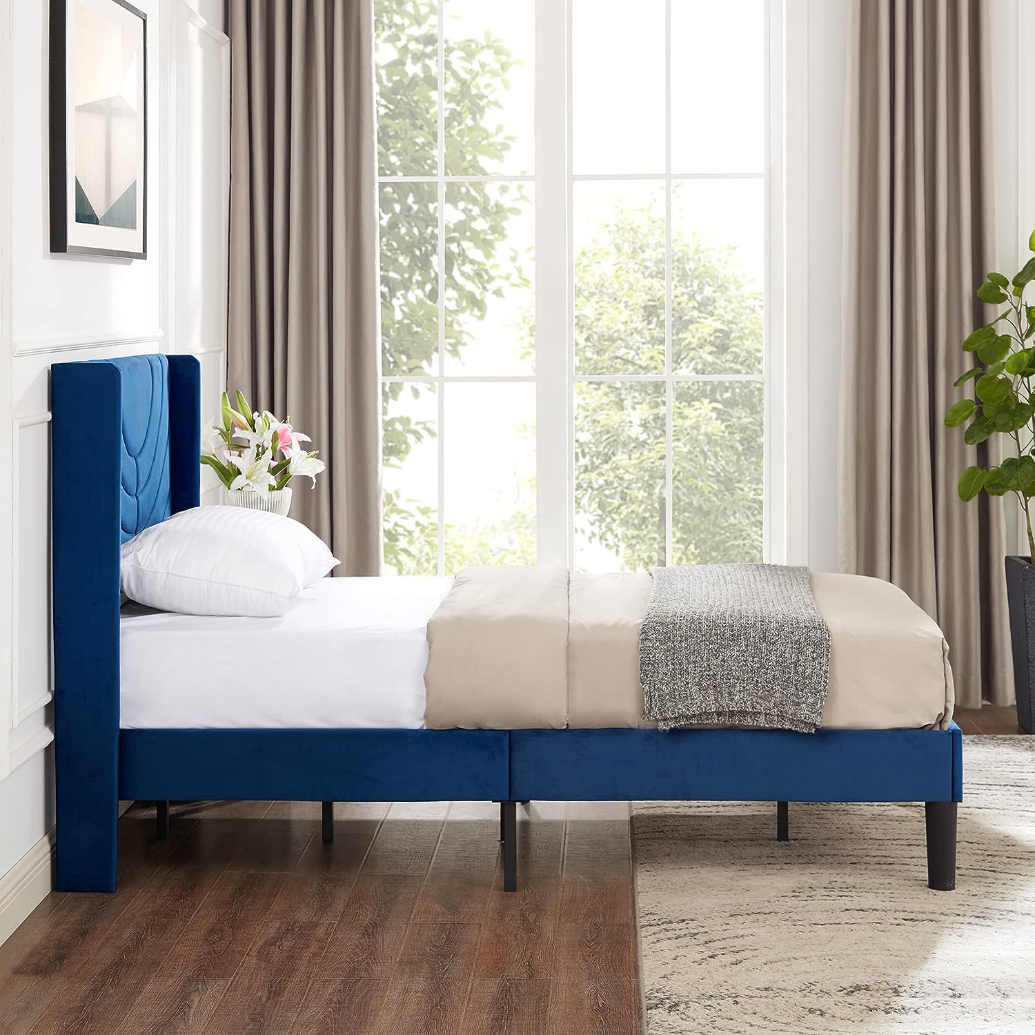 VECELO Upholstered Platform Bed Frame with Adjustable Fabric Headboard - VECELO