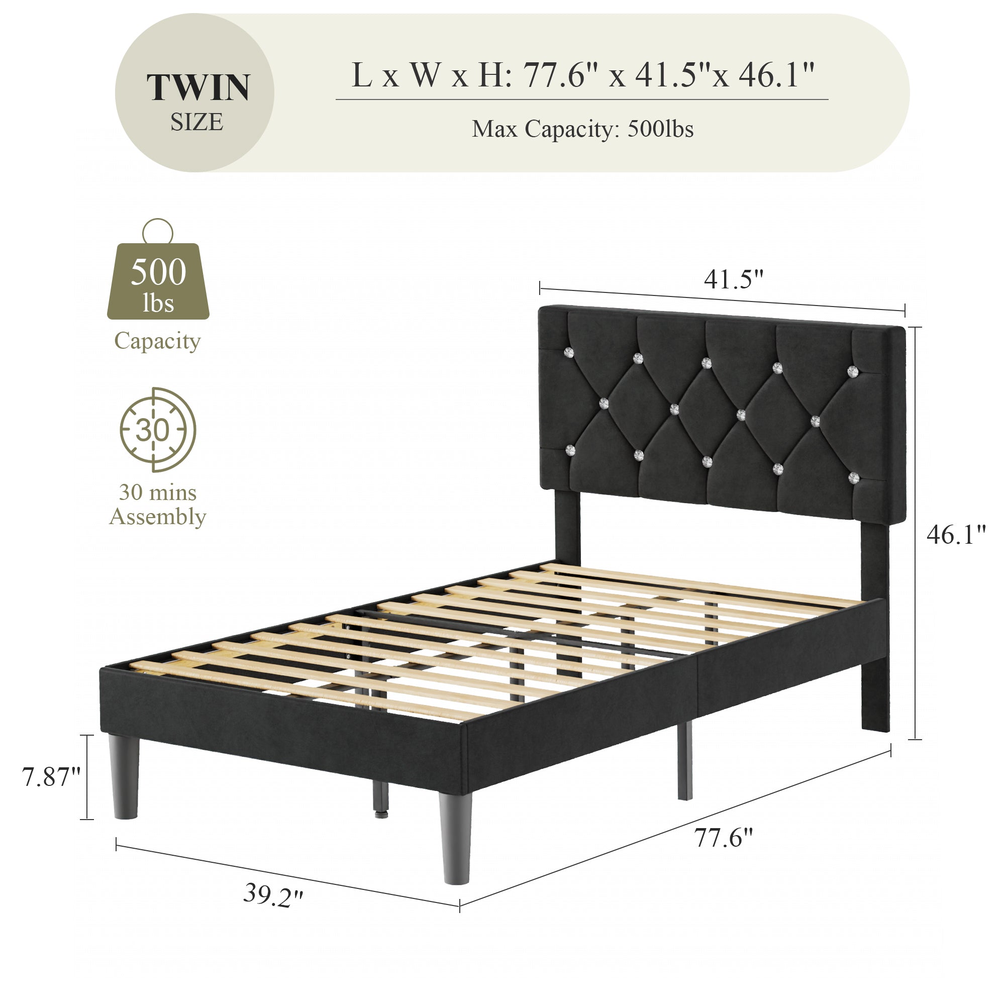 VECELO Bed Frame, Upholstered Platform with Adjustable Diamond Tufted Headboard - VECELO