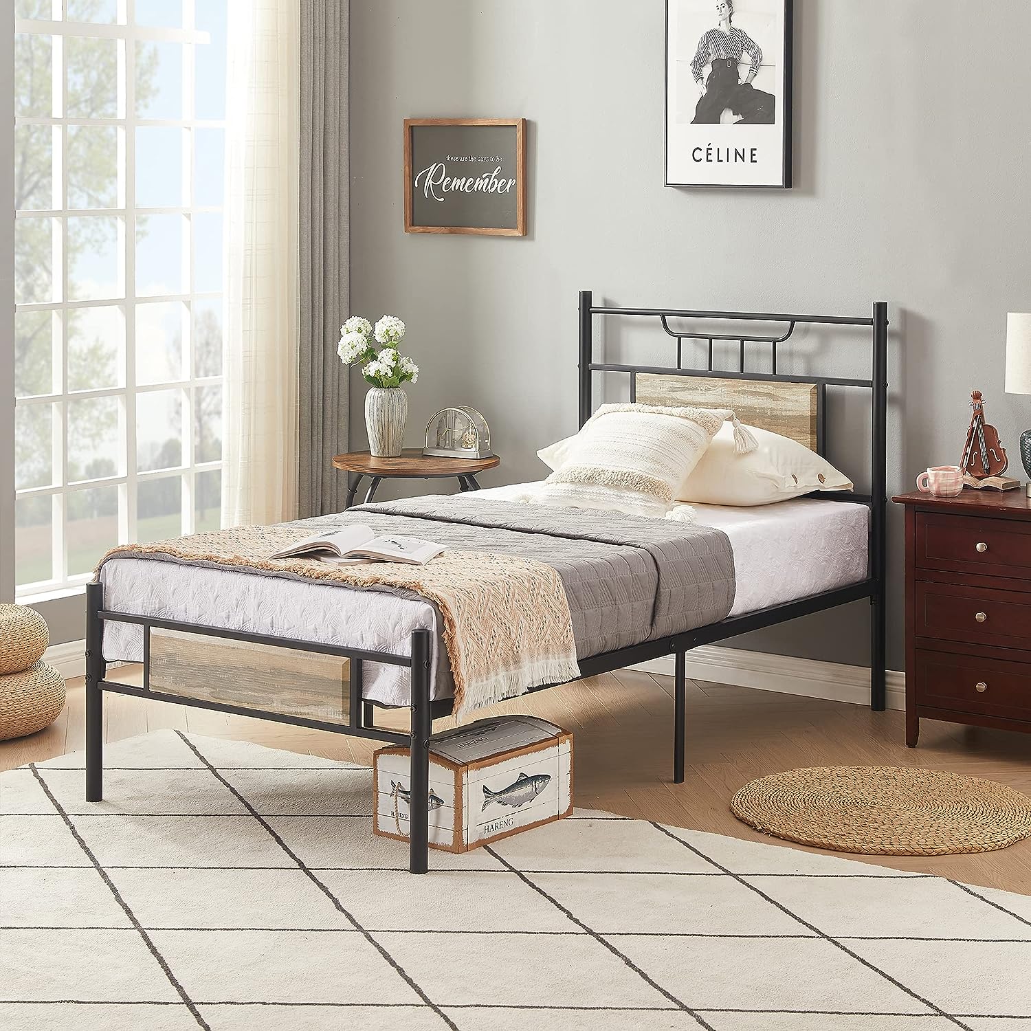 VECELO Platform Bed Frame with Wood Headboard No Box Spring Needed Heavy Duty Steel Slat - VECELO