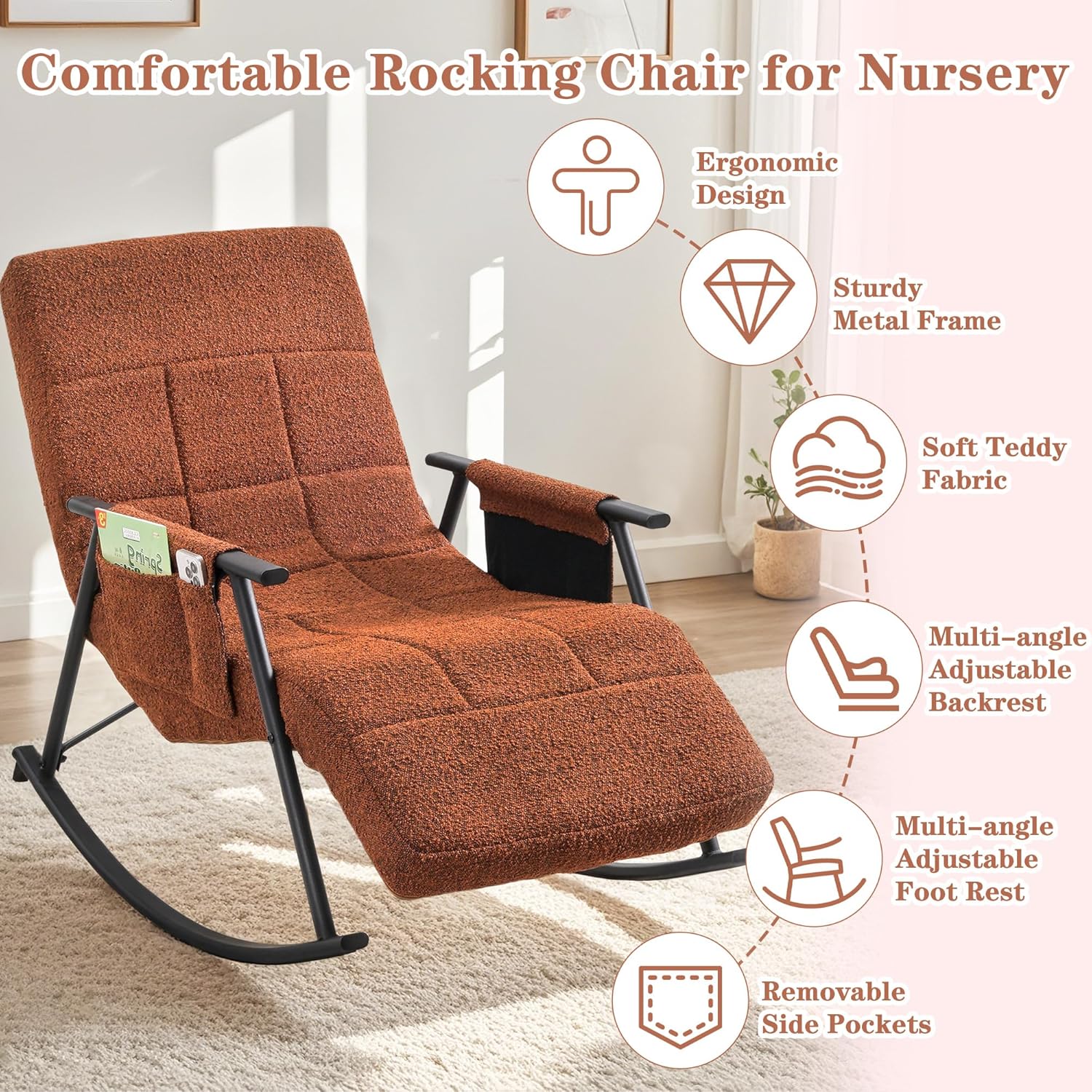 VECELO High Back Nursery Rocking Chair with Foot Rest, Teddy Upholstered Reclining Glider Rocker - VECELO