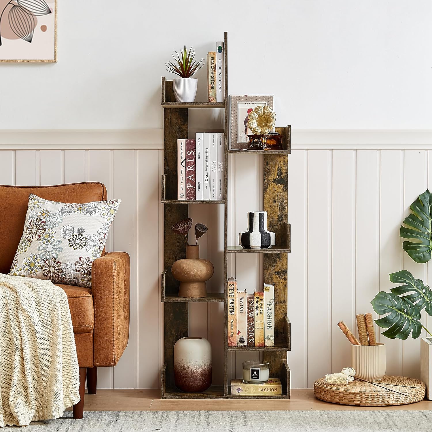 VECELO Tree Bookshelf, Geometric 8 Shelf Tree Bookcase Wood Bookshelves Display - VECELO