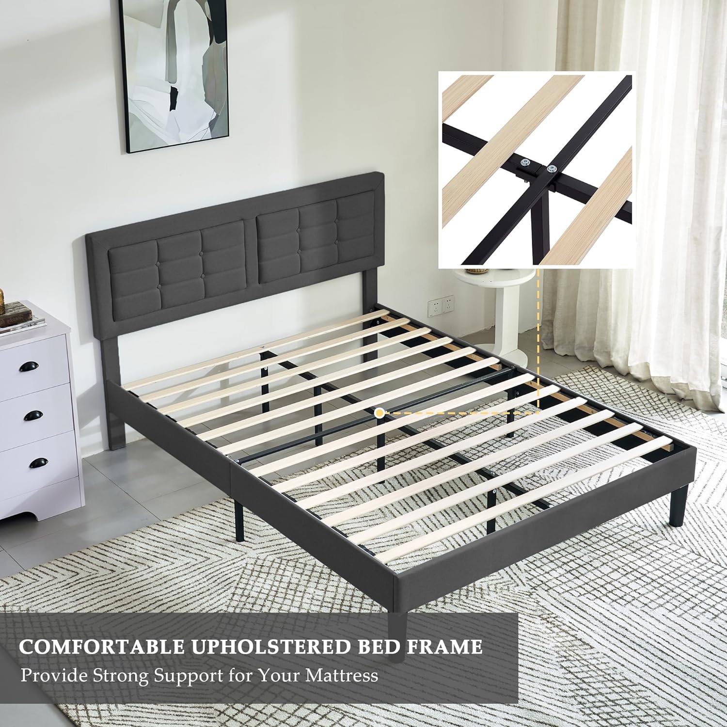 VECELO Upholstered Platform Bed Frame with Height Adjustable Headboard - VECELO