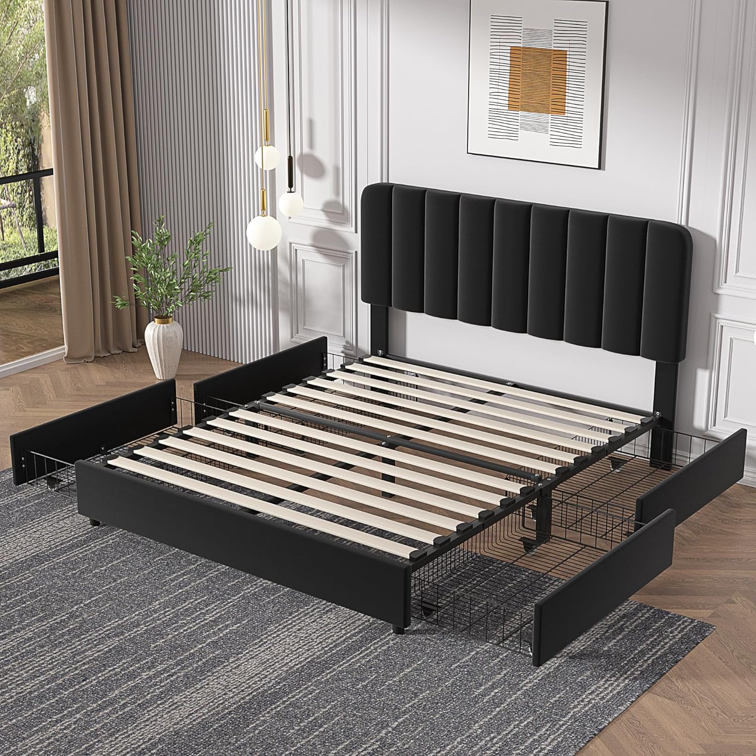 VECELO Upholstered Bed Frame with 4 Drawers and Adjustable Headboard - VECELO
