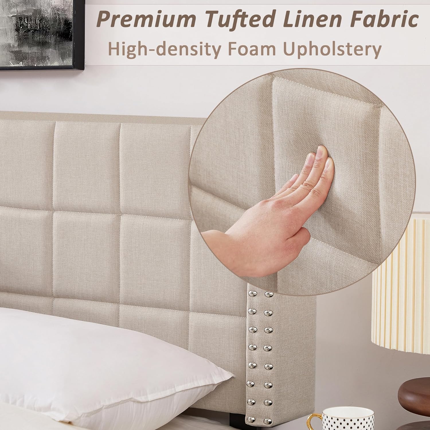 VECELO Linen Upholstered Headboard for Queen/King Size Bed, Tufted Nailhead & Double Wingback for Bedroom - VECELO