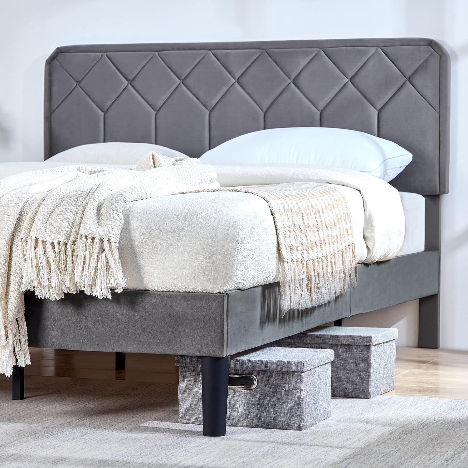 VECELO Premium Leather Upholstered Platform Bed Frame - VECELO