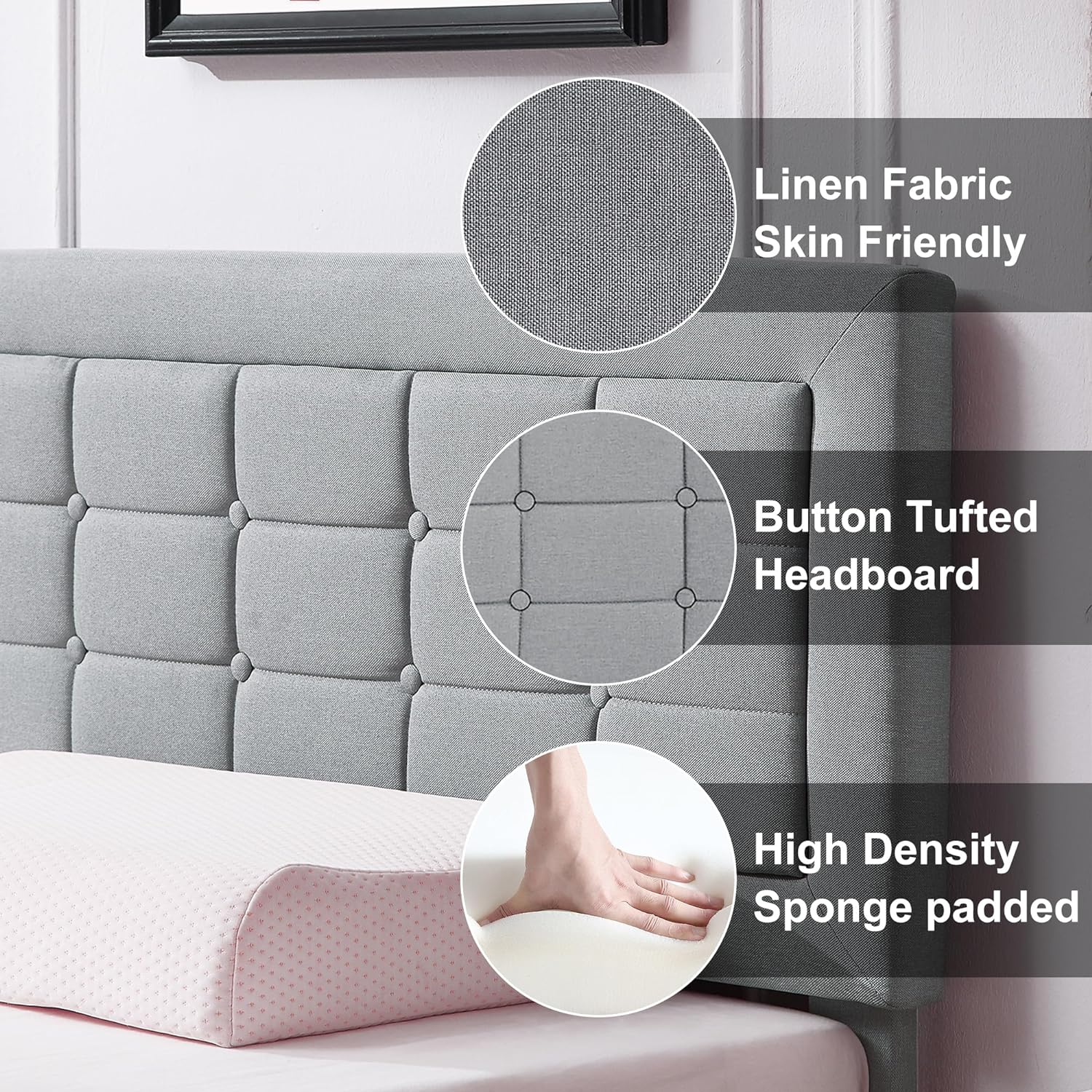 VECELO Upholstered Platform Bed Frame with Height Adjustable Headboard - VECELO