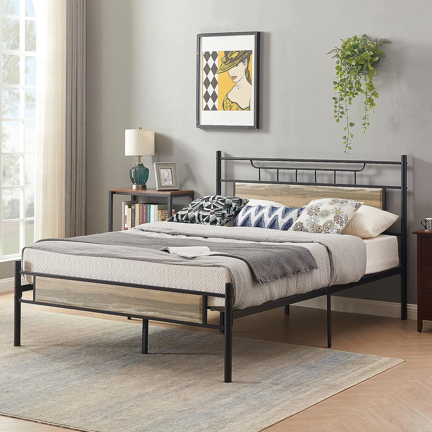 VECELO Platform Bed Frame with Wood Headboard No Box Spring Needed Heavy Duty Steel Slat - VECELO