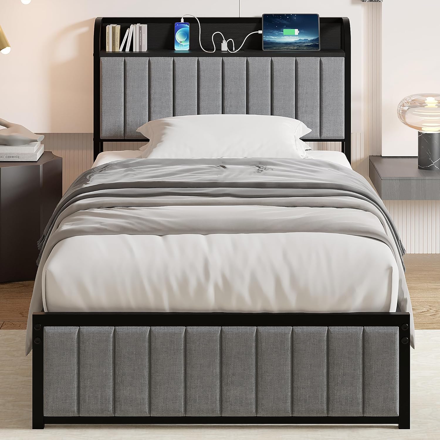 VECELO Twin Bed Frame, Storage Upholstered Headboard with Charging Station - VECELO