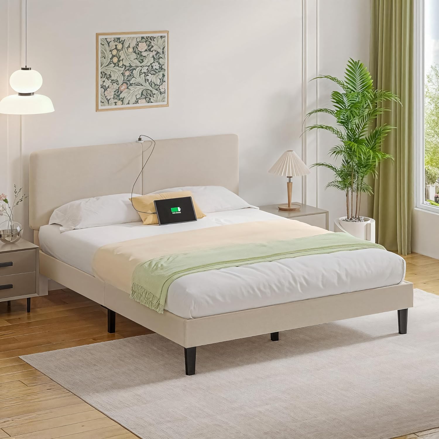 VECELO Twin/Full/Queen Bed Frame Upholstered Platform with Type-C & USB Ports Height-Adjustable Cotton and Linen Headboard - VECELO